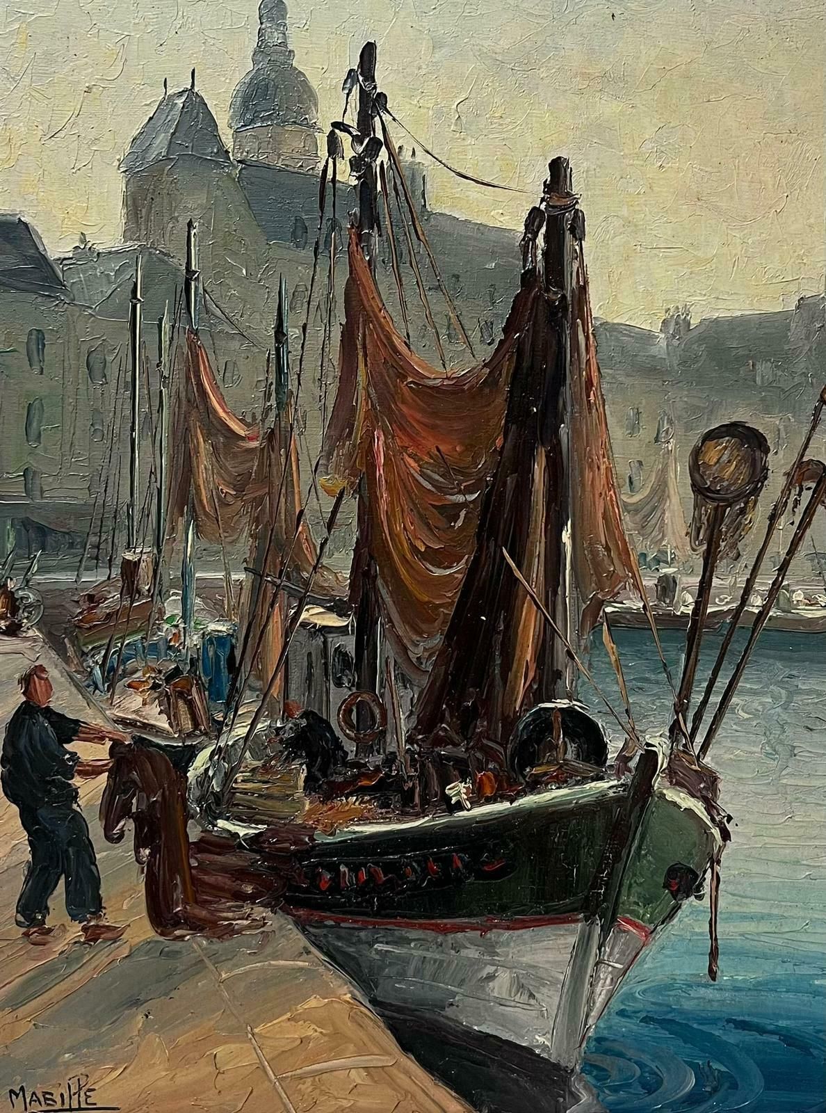 French School1950's French Mid Century Signed Oil Fishermen South Of France Habour With Boats photo furniture