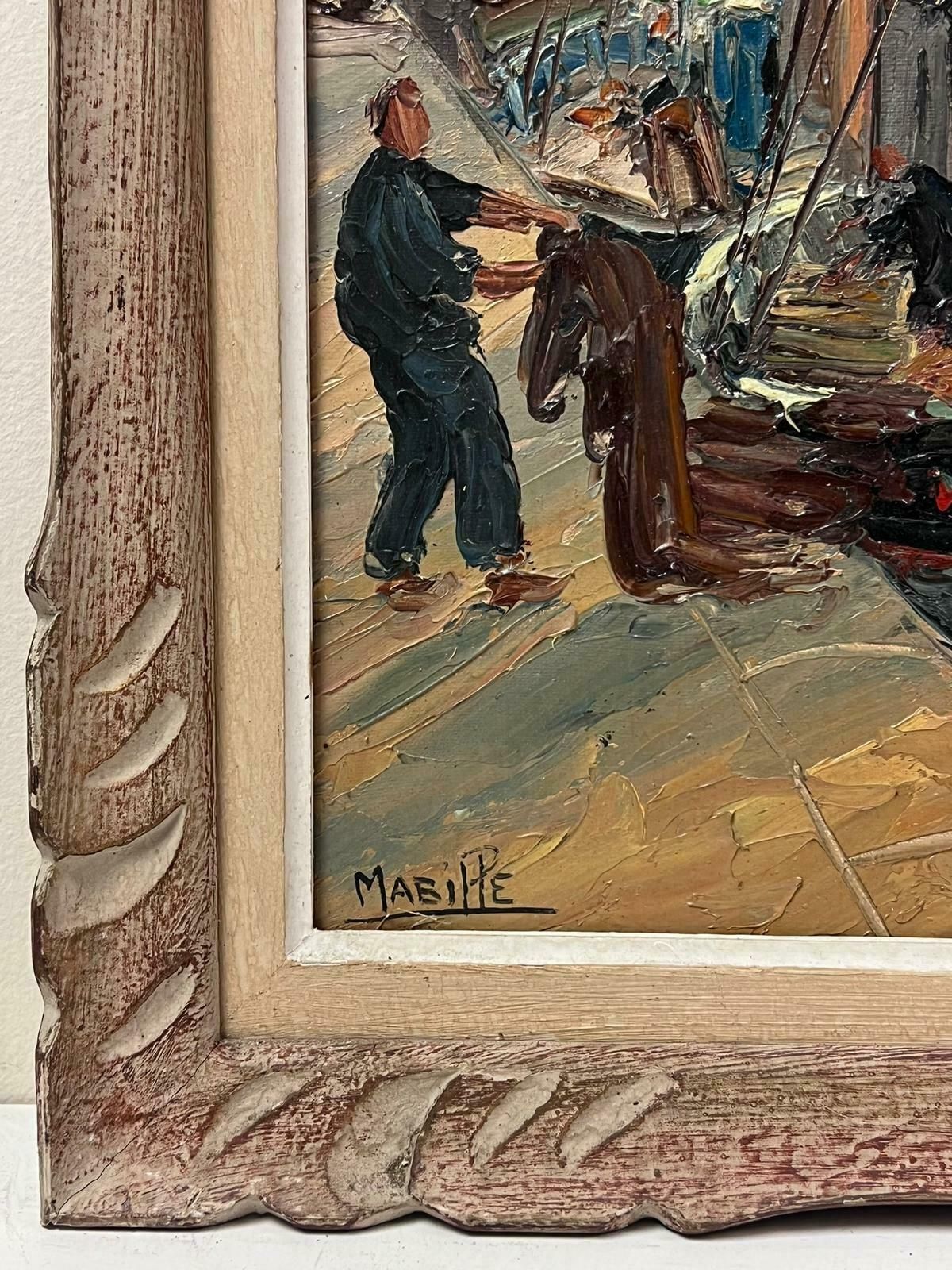 French School1950's French Mid Century Signed Oil Fishermen South Of France Habour With Boats photo Art