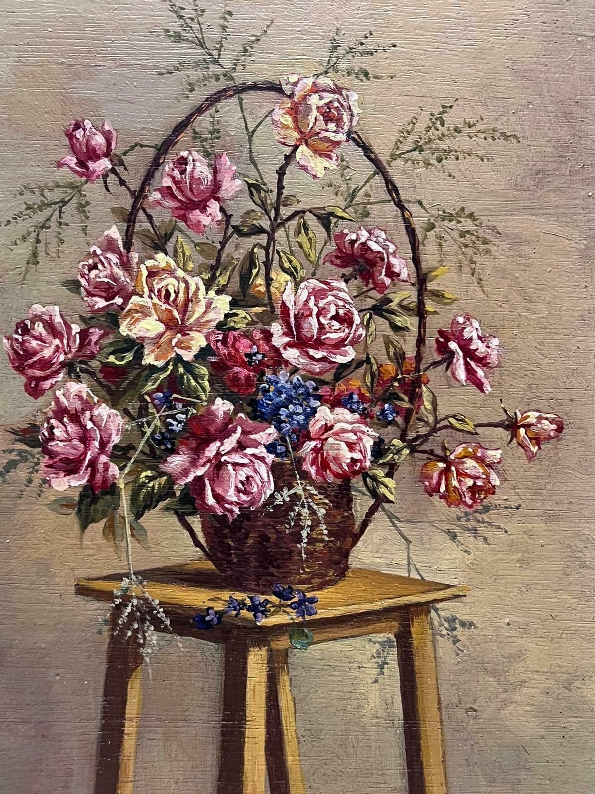 Joseph Vinckvintage French Signed Oil Roses In Basket On Wooden Stool Gilt Framed photo vinterior