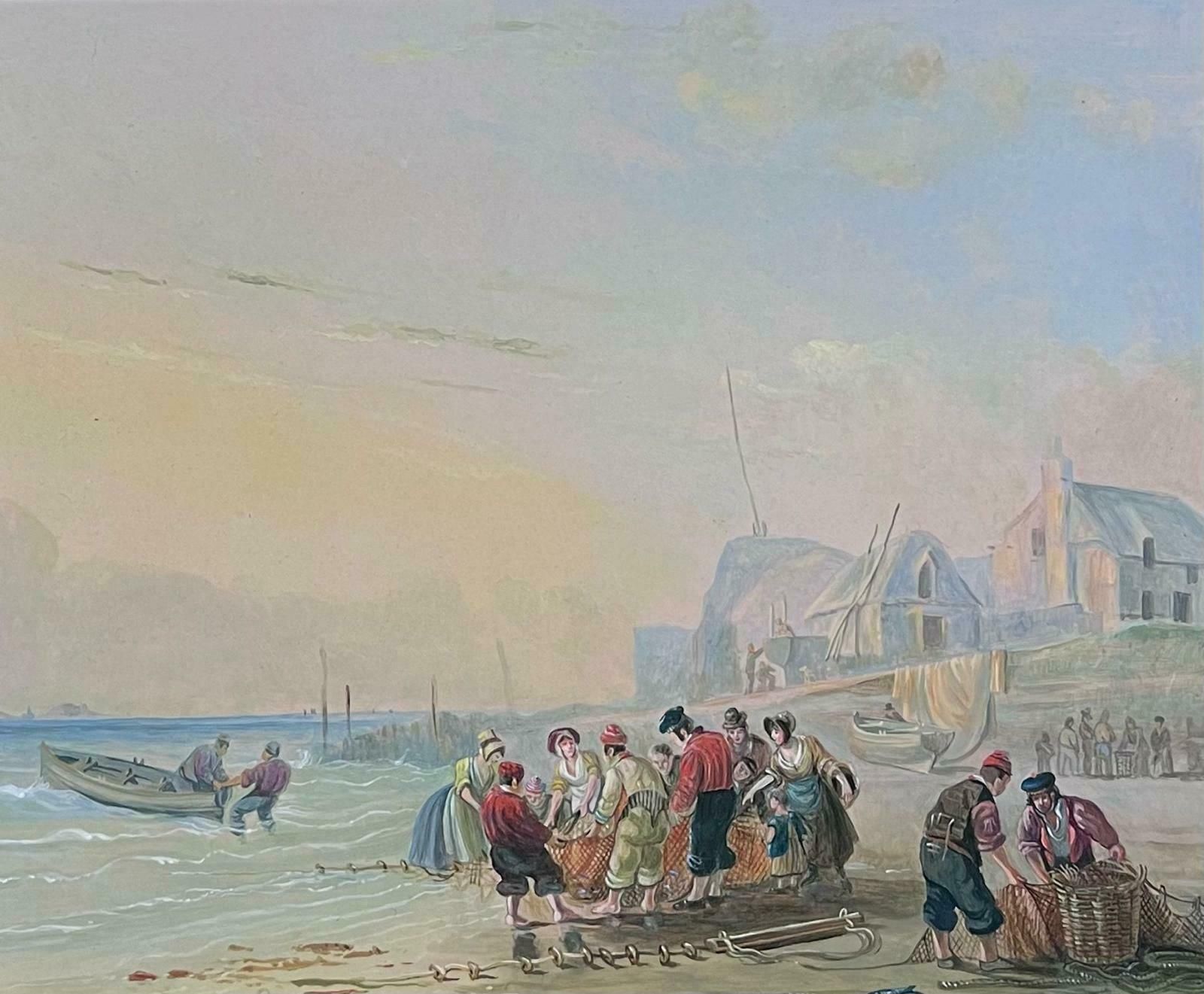 Richard Templetraditional English Oil Painting Fisherfolk Tending Nets On Crowded Beach Coast photo furniture