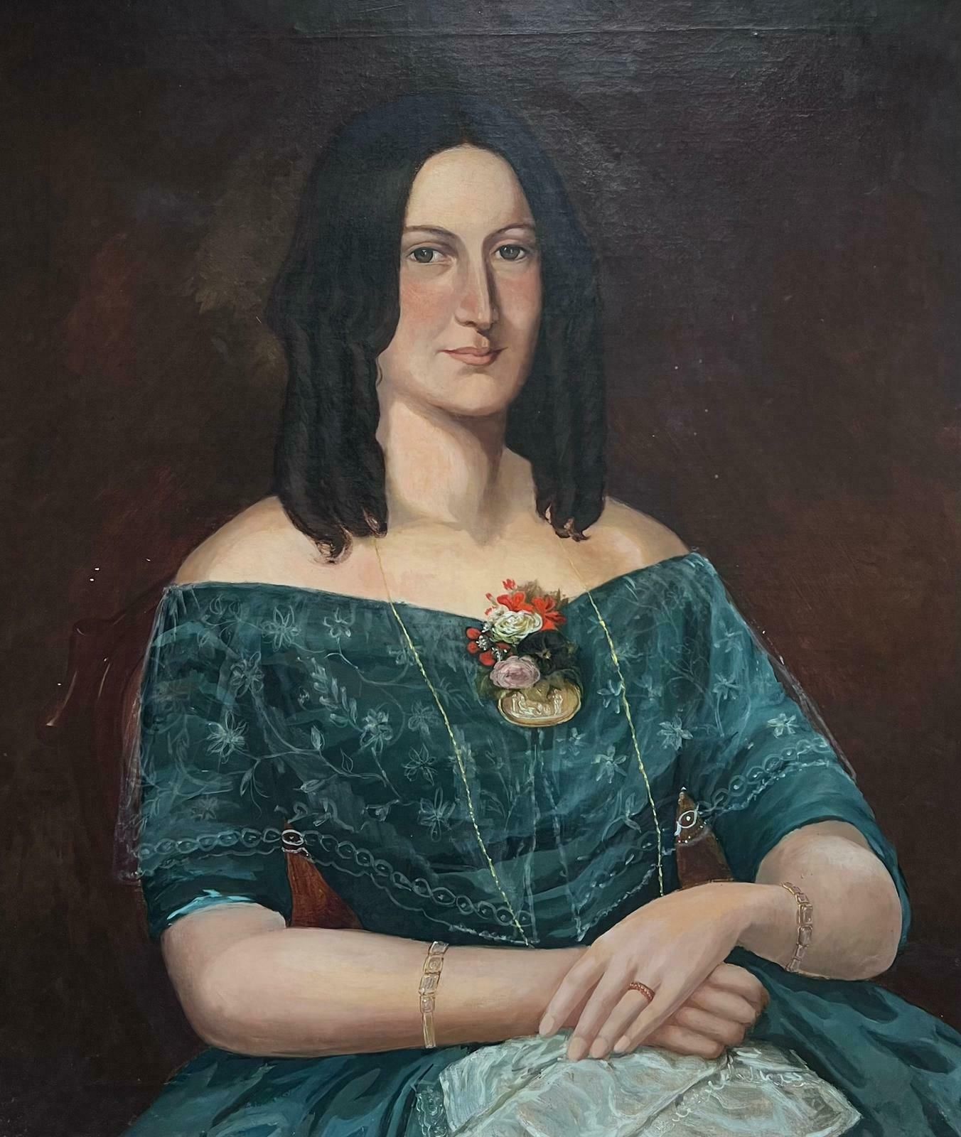 French Schoollarge 19th Century French Portrait Of Lady With Roses & Smart Dress Oil Painting photo furniture