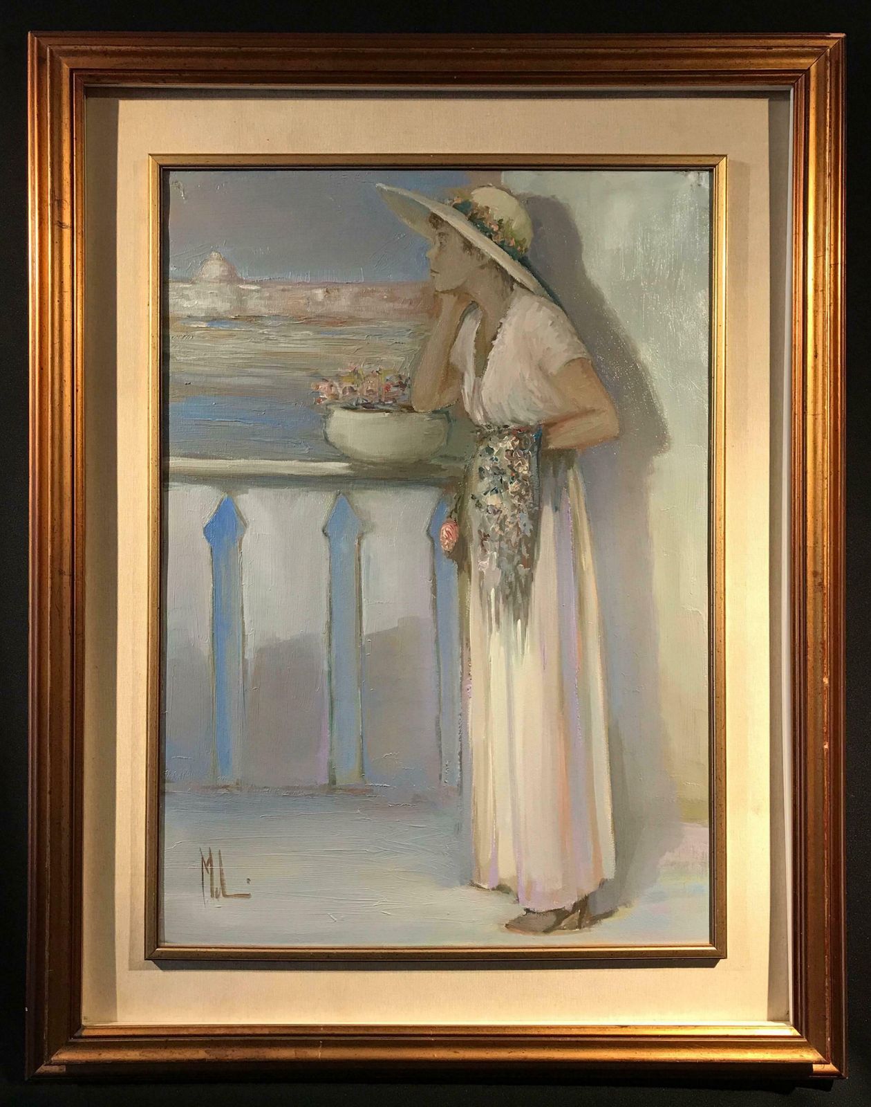 Innocenzo Melanilady On Venetian Balcony Signed Impressionist Oil Paintingc.1970's