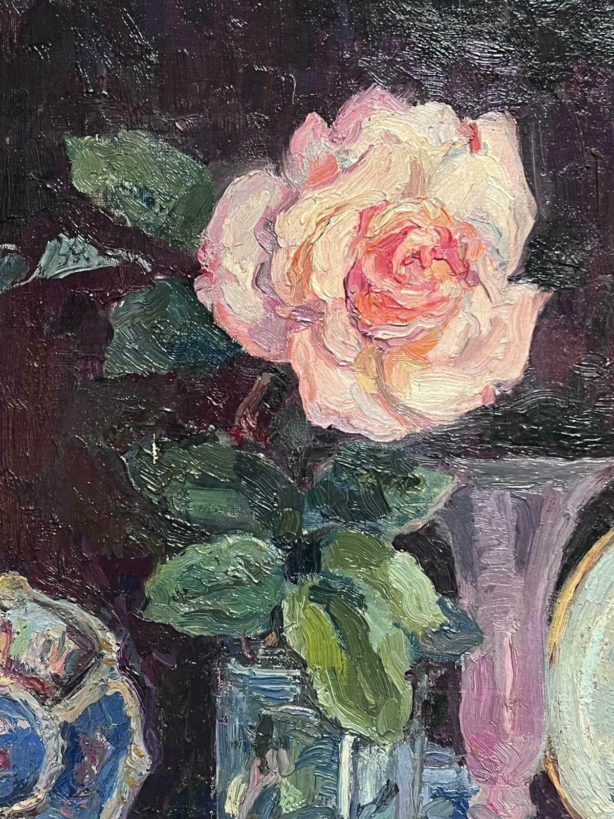 French Schoolpink Rose In Vase Signed French Impressionist Interior Scene Oil Painting photo vinterior