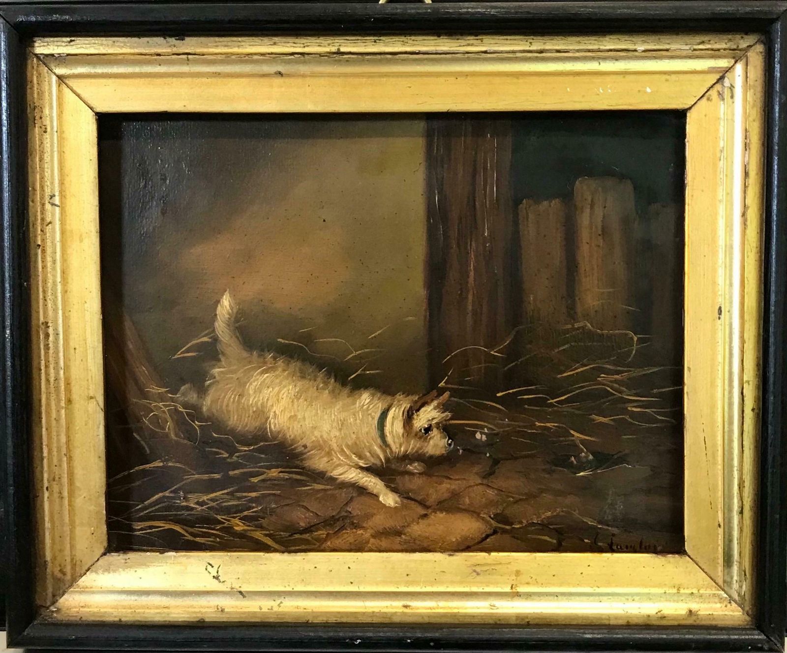 J. Langloisfine British Victorian Dog Oil Painting Terrier In Barn By Mousehole, 19th C19th Century photo furniture