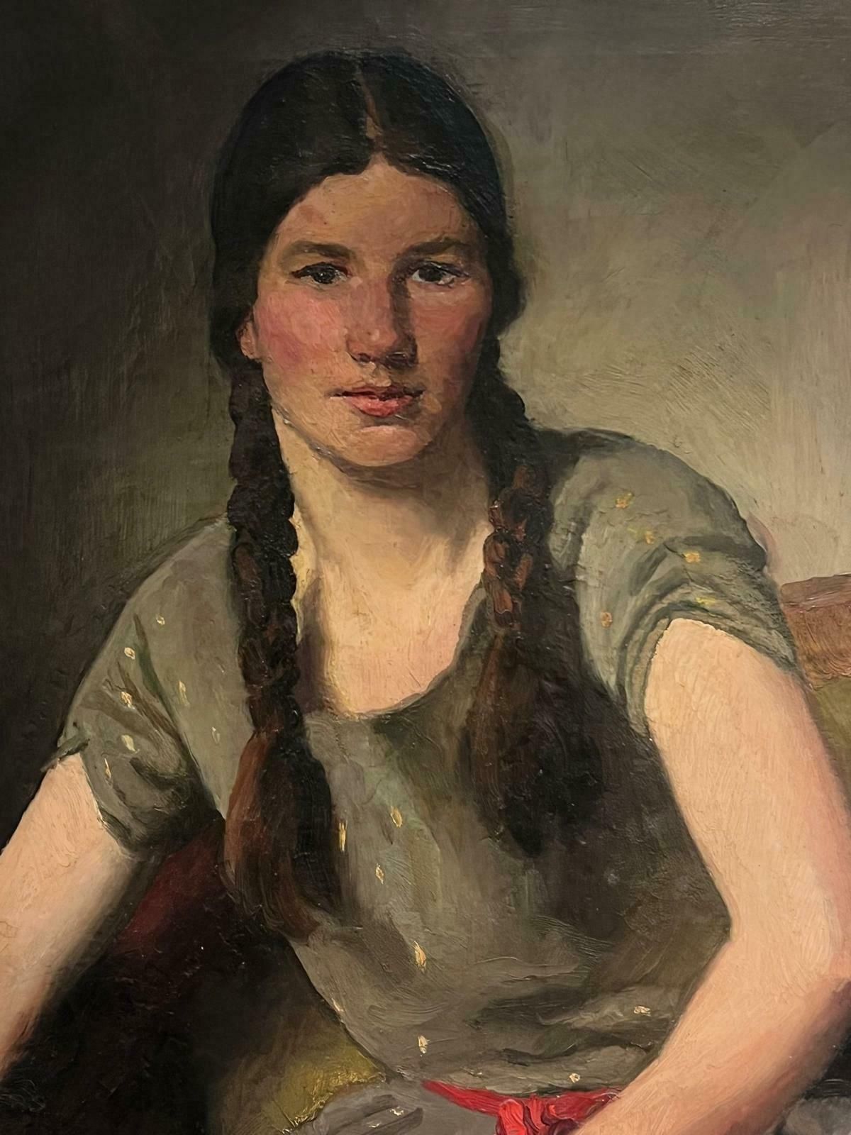 European Late 19thchuge Antique European Portrait Of Girl With Plaits In Hair Oil On Canvas photo for sale