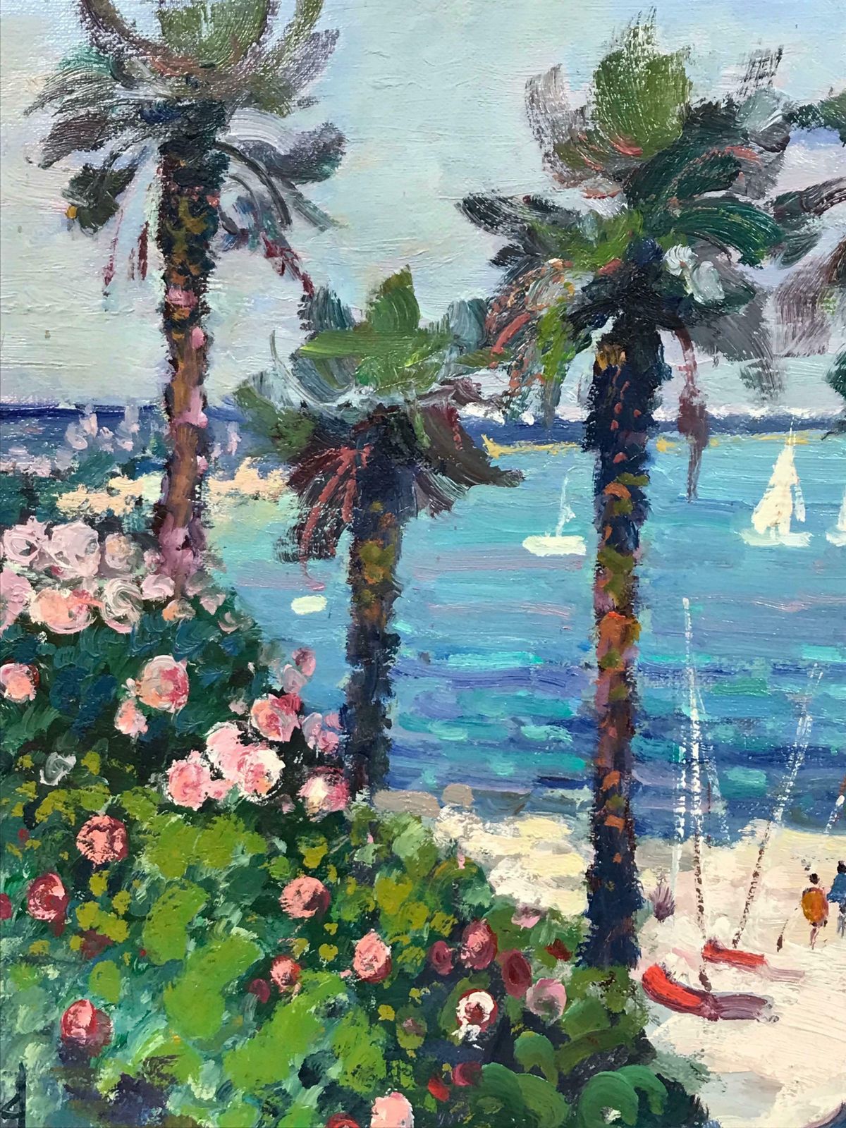 Guy Benardfine French Impressionist Signed Oil Figures On Mediterranean Beach Boats At Sea photo for sale