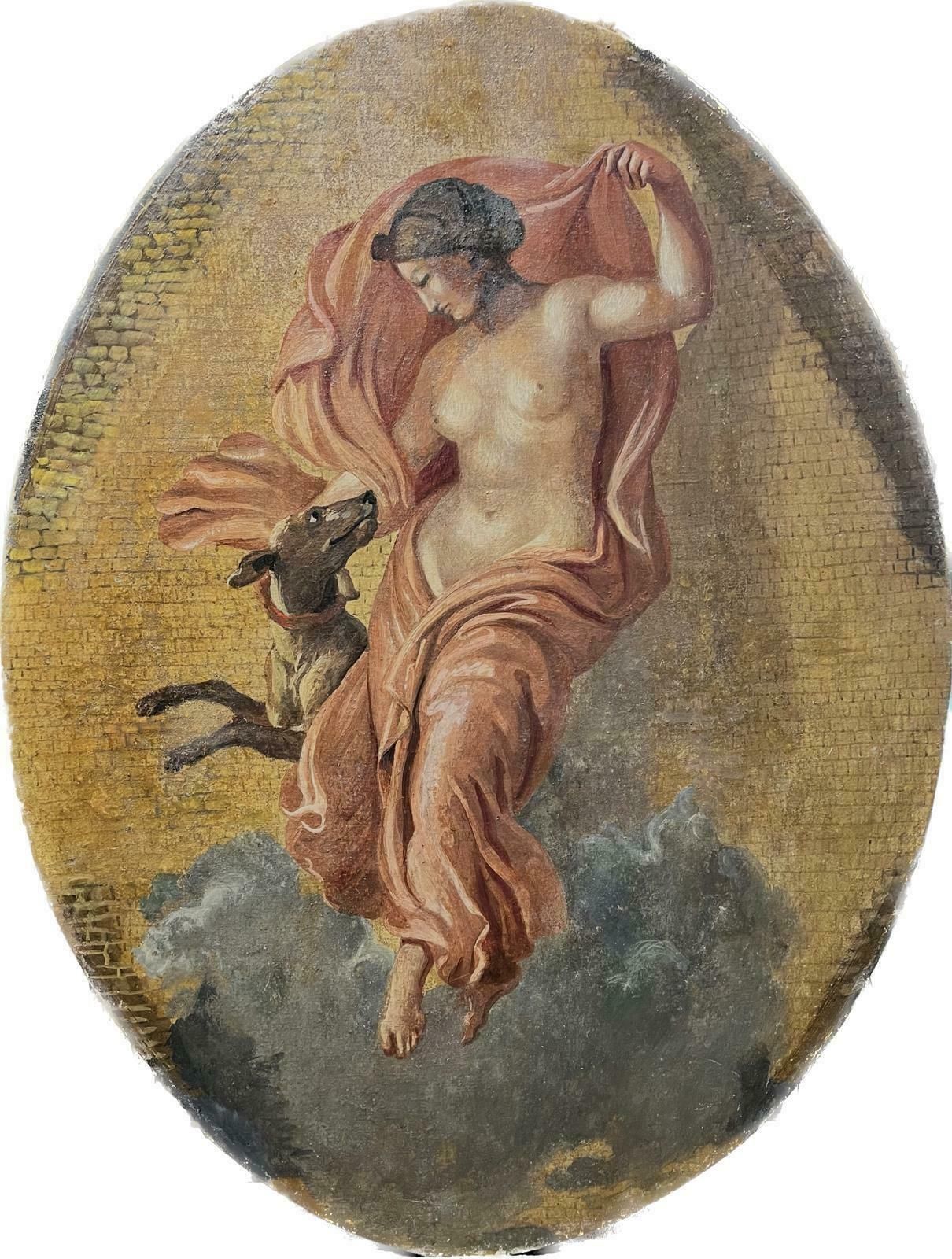 Italian 19th Cfine Antique Classical Nude Draped In Robes Dancing With Dog Gold Background