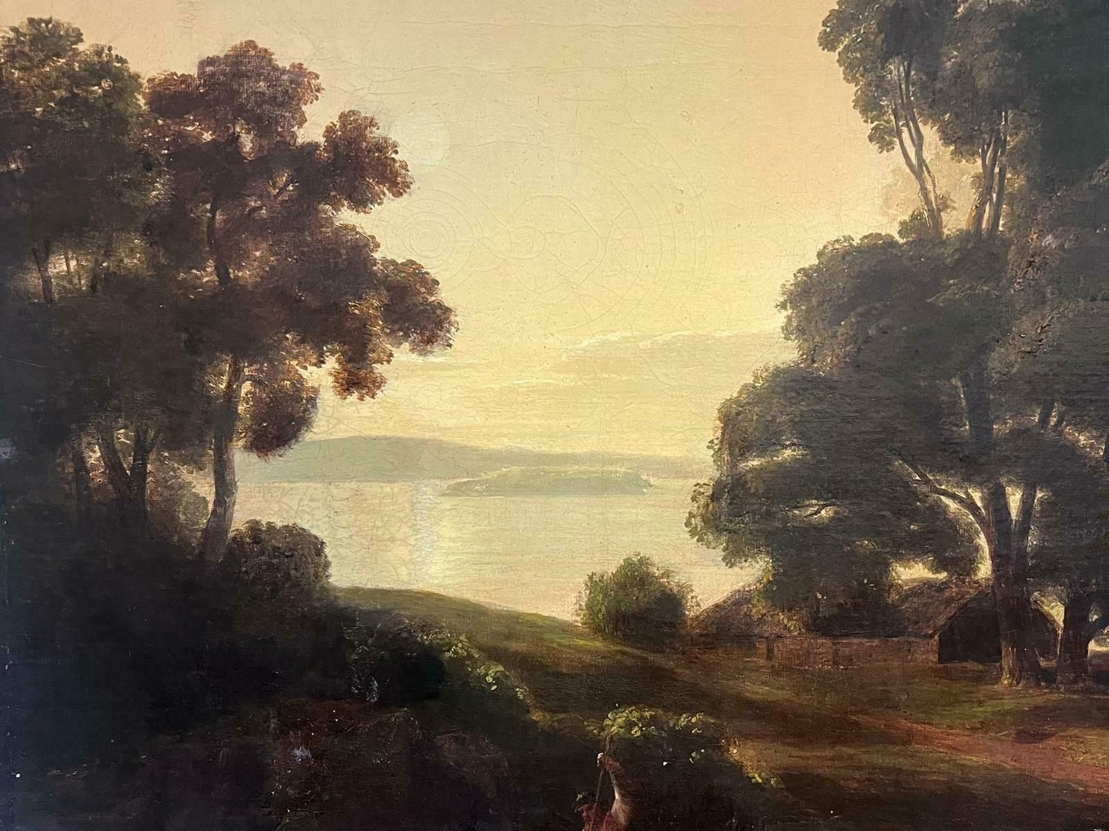 British 18thhuge 18th Century British Oil Painting Dusk Landscape Figures Boat & Lake photo 1539.0