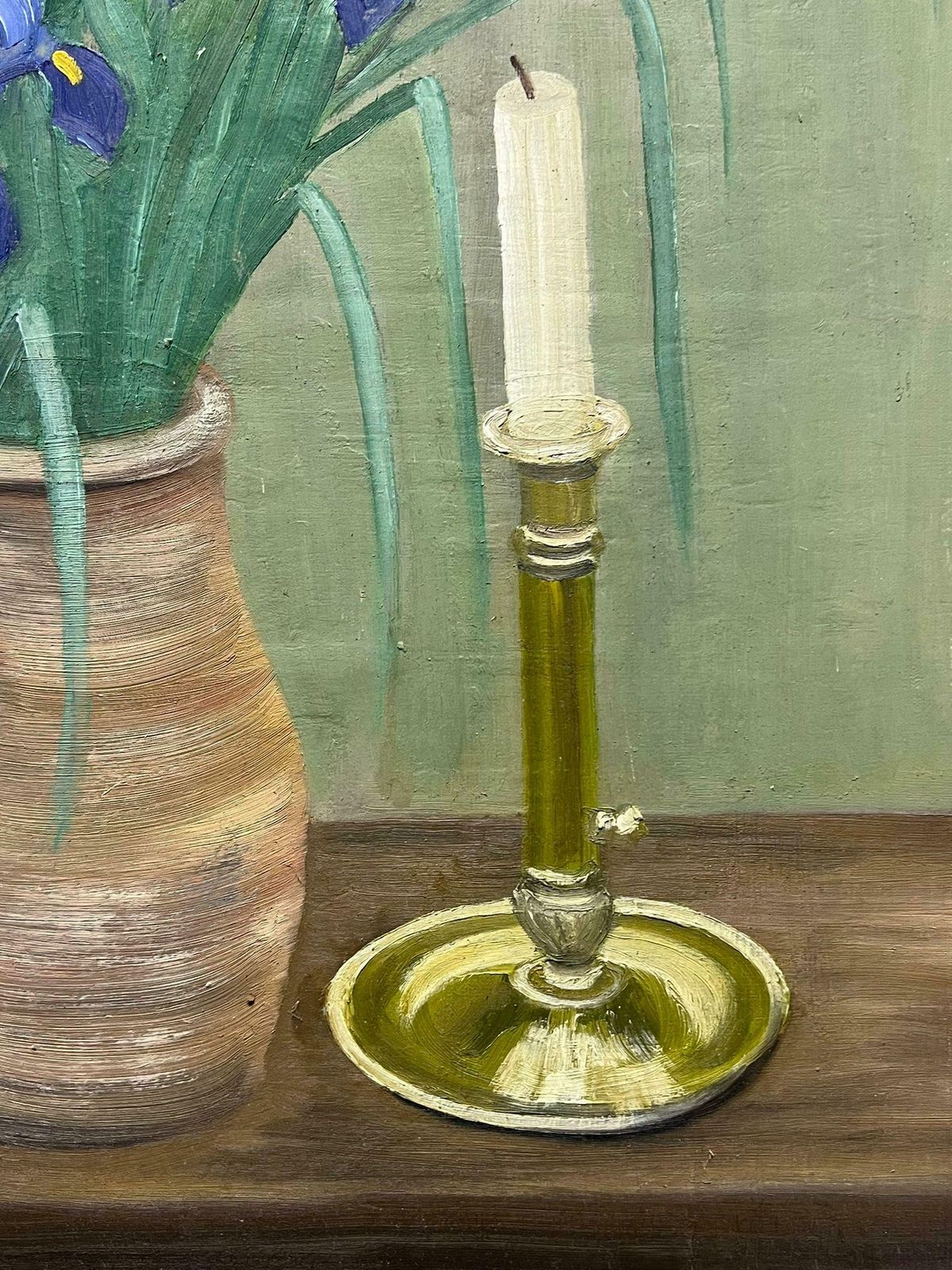 Louise Alixmid 20th Century French Oil Painting Iris Flowers In Vase Still Life Interior1940's photo furniture