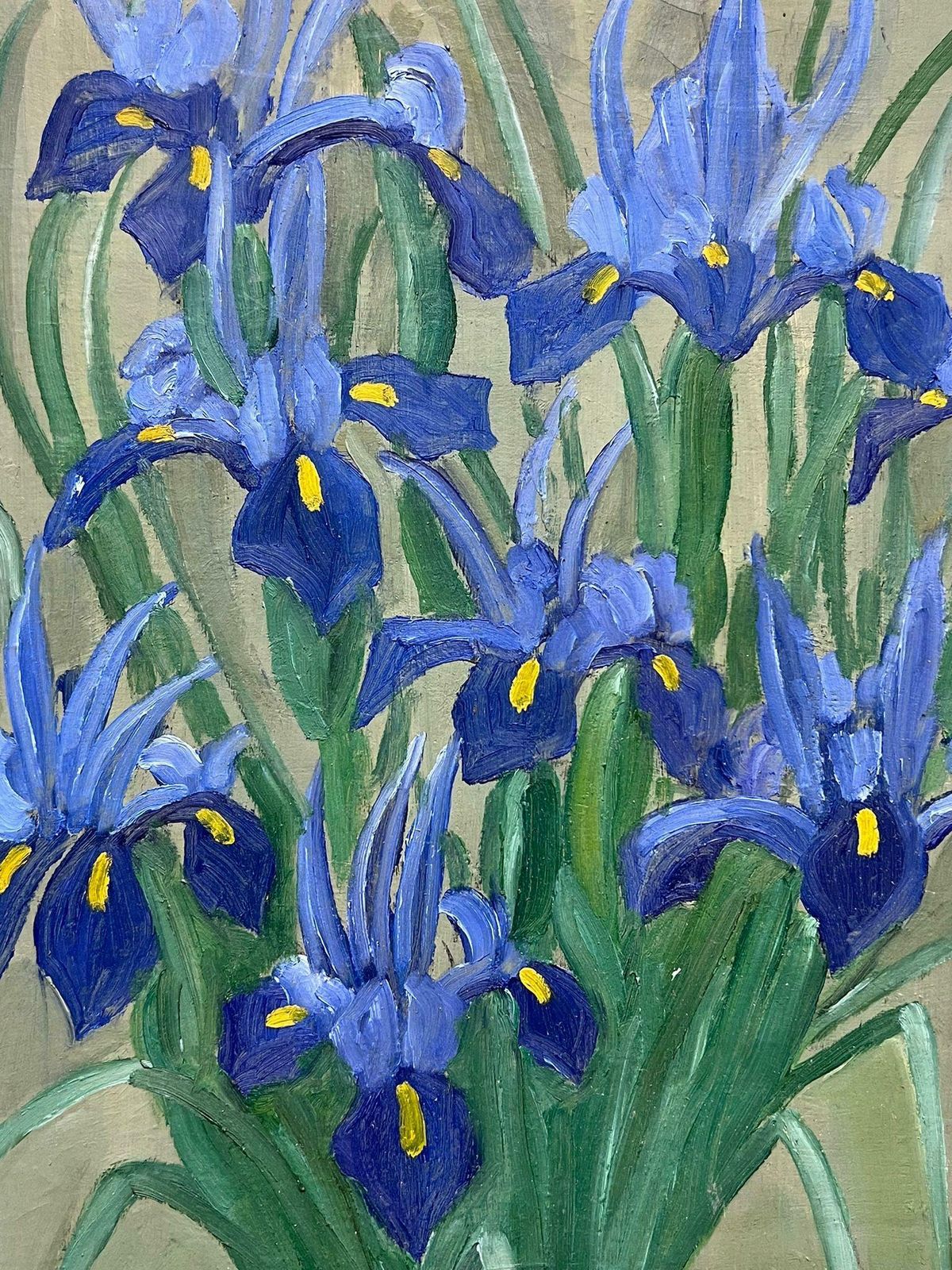 Louise Alixmid 20th Century French Oil Painting Iris Flowers In Vase Still Life Interior1940's photo for sale