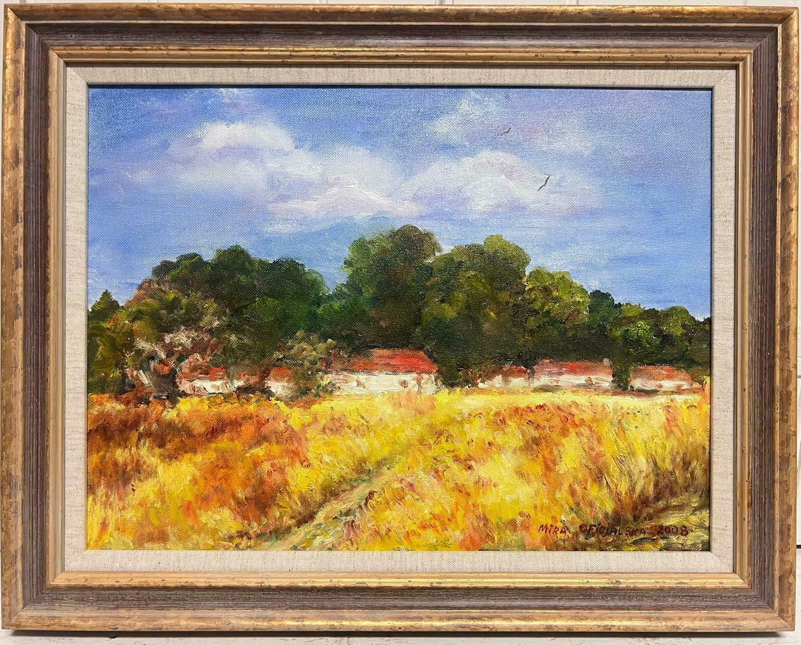 Hungarian Impressionistcottages In Golden Harvest Field Signed & Dated 2008 Impressionist Oil Painting