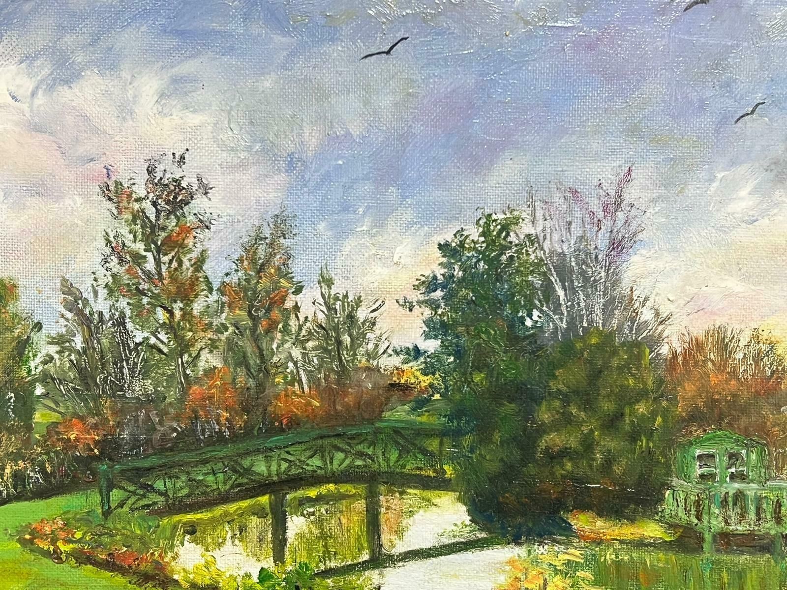 Hungarian Impressionistgarden Lake Landscape With Bridge Over Water Signed Impressionist Oil Painting photo Art