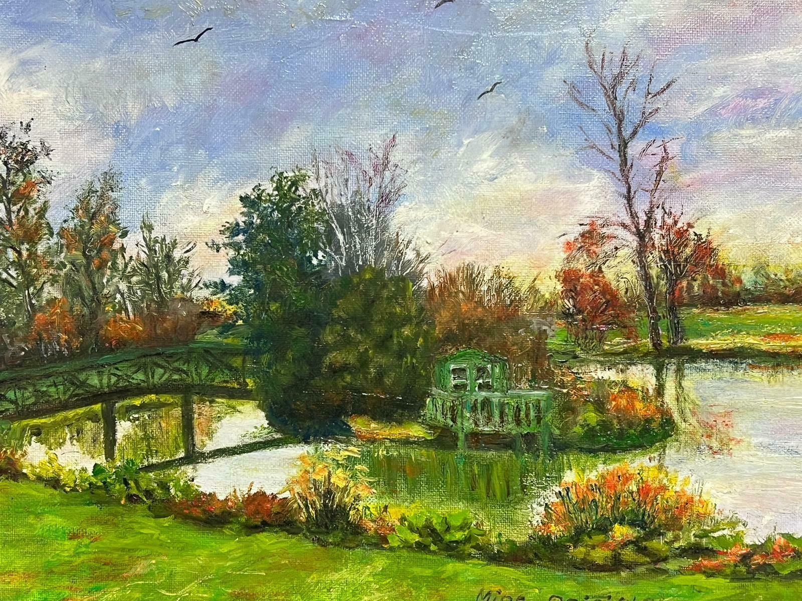 Hungarian Impressionistgarden Lake Landscape With Bridge Over Water Signed Impressionist Oil Painting photo 667.0