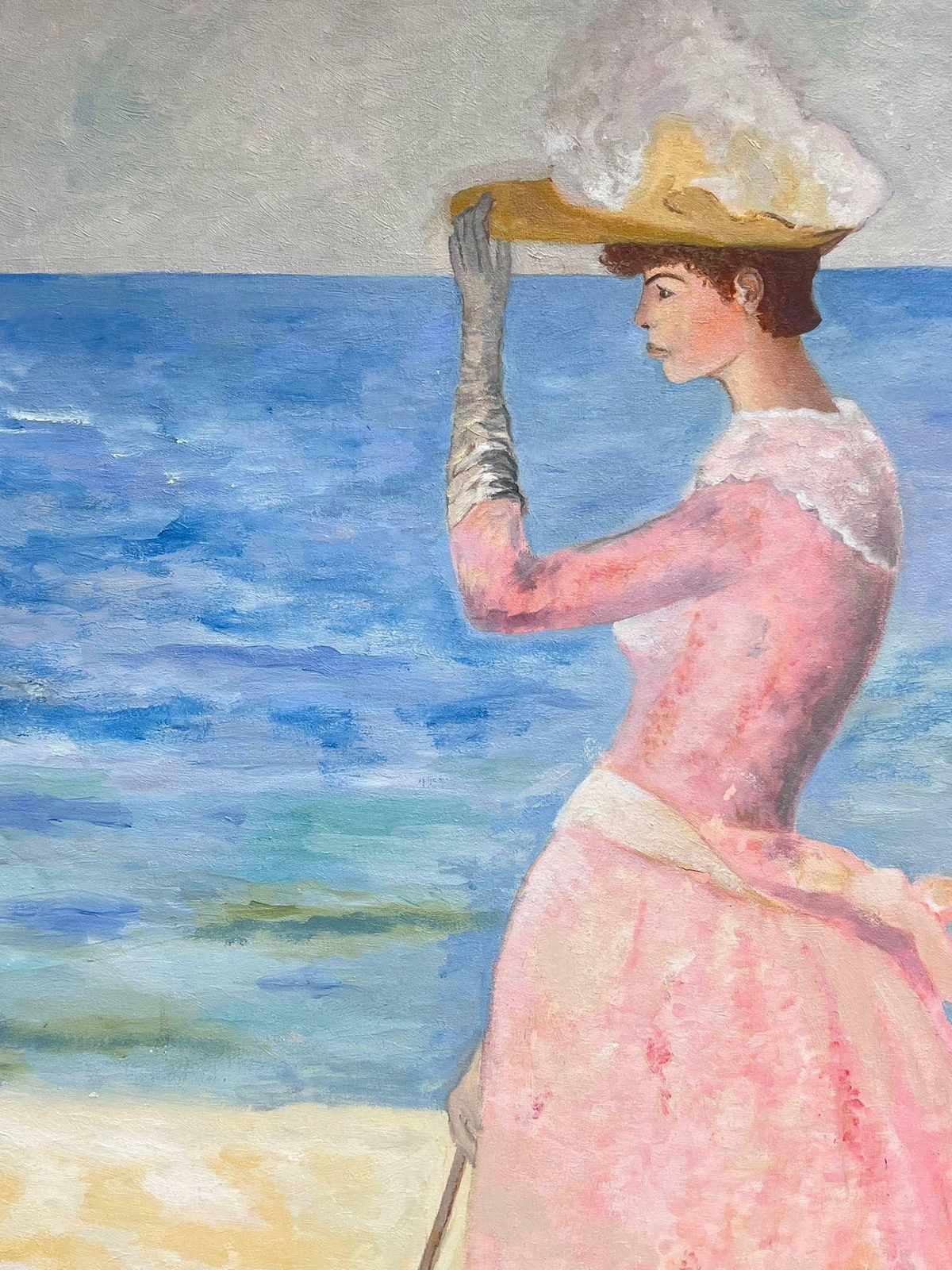 French School Portrait Of Elegant Lady In Pink Dress With Parasol By Beach Original French Oil photo Art