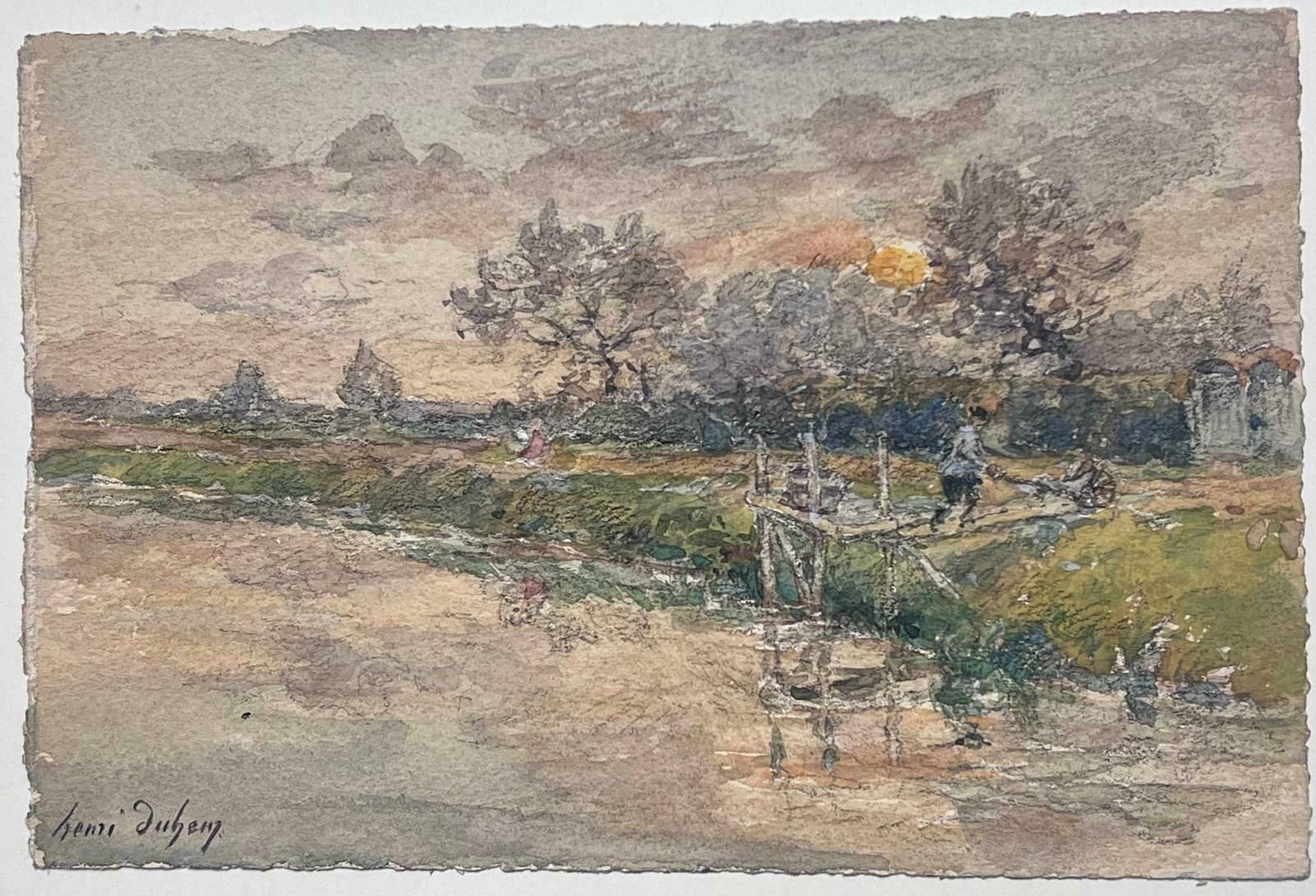 Henri Aime Duhemfine Antique French Impressionist Painting Figure Working By Riverbank photo for sale