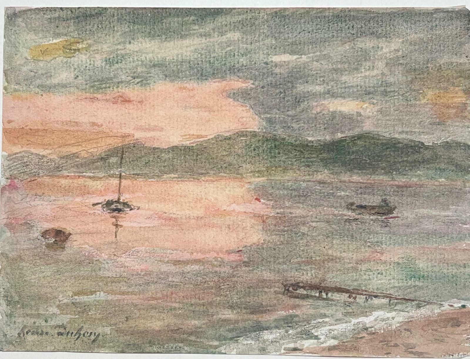 Henri Aime Duhemfine Antique French Impressionist Fishing Boats Anchored At Sunset photo Art
