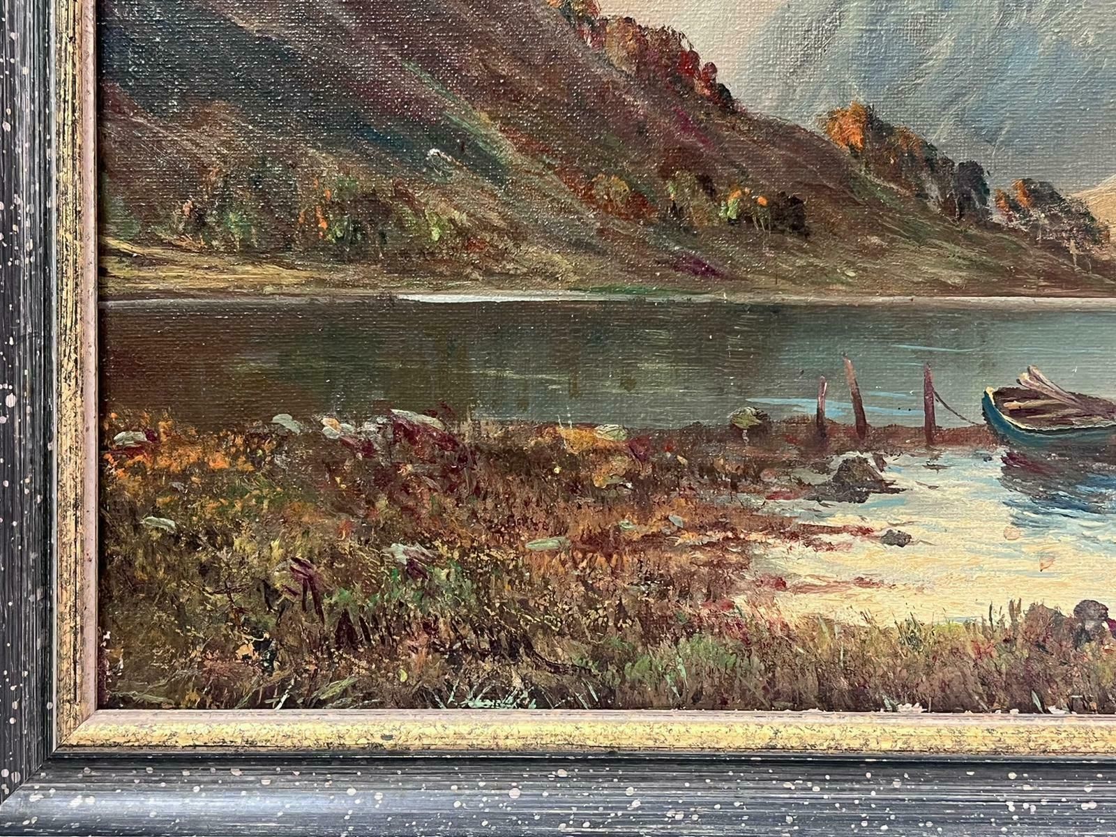 Francis E. Jamiesondusk In The Scottish Highlands Antique Signed Oil Painting Boat In Loch Scene photo vintage