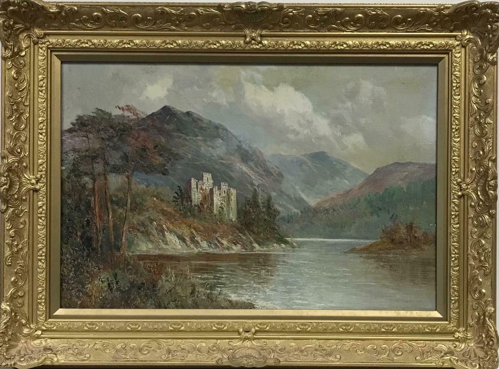 Francis E. Jamiesonantique Scottish Oil Painting Ancient Castle Standing On Loch Waters, Signed photo furniture