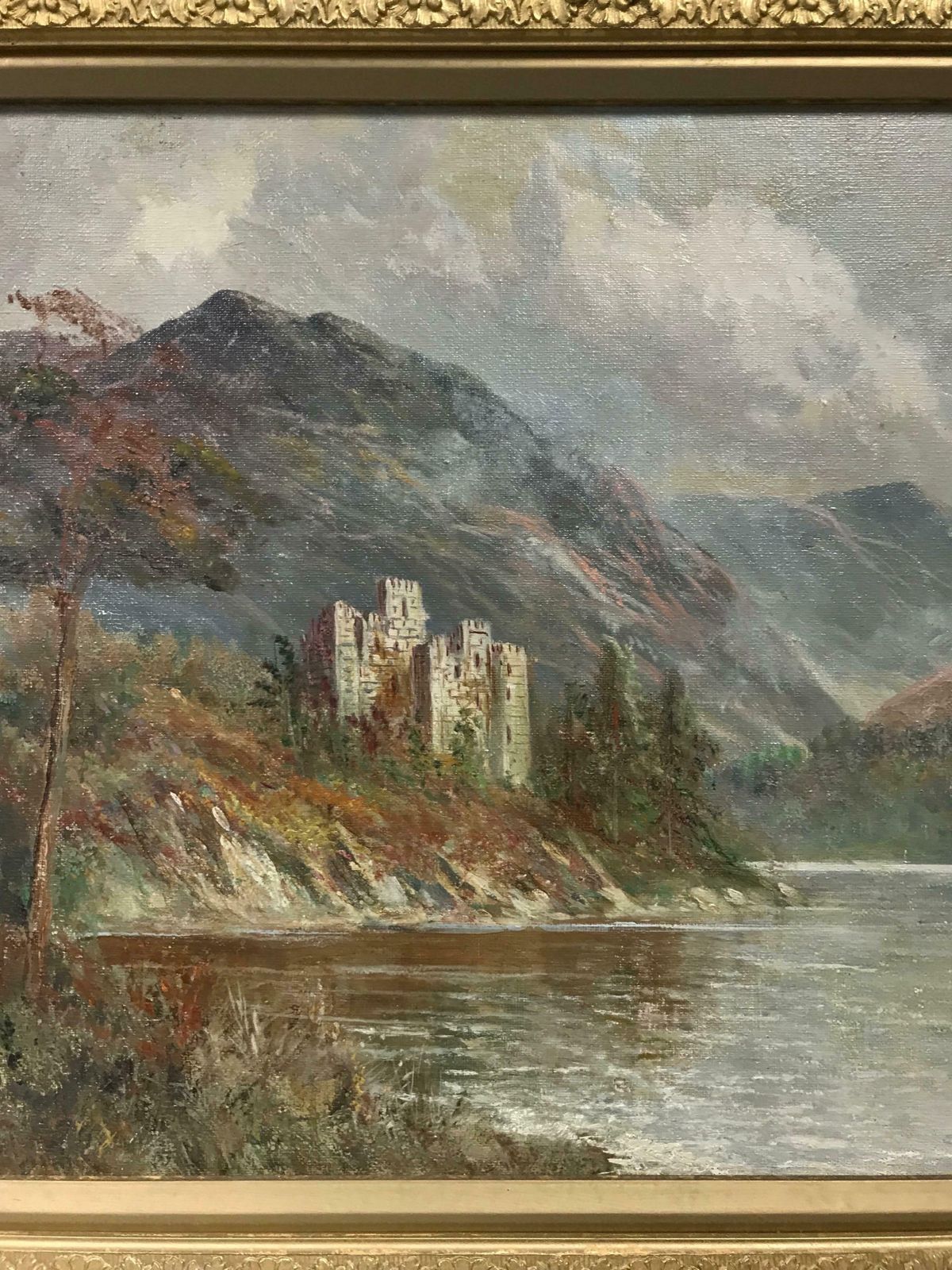 Francis E. Jamiesonantique Scottish Oil Painting Ancient Castle Standing On Loch Waters, Signed photo 1795.0