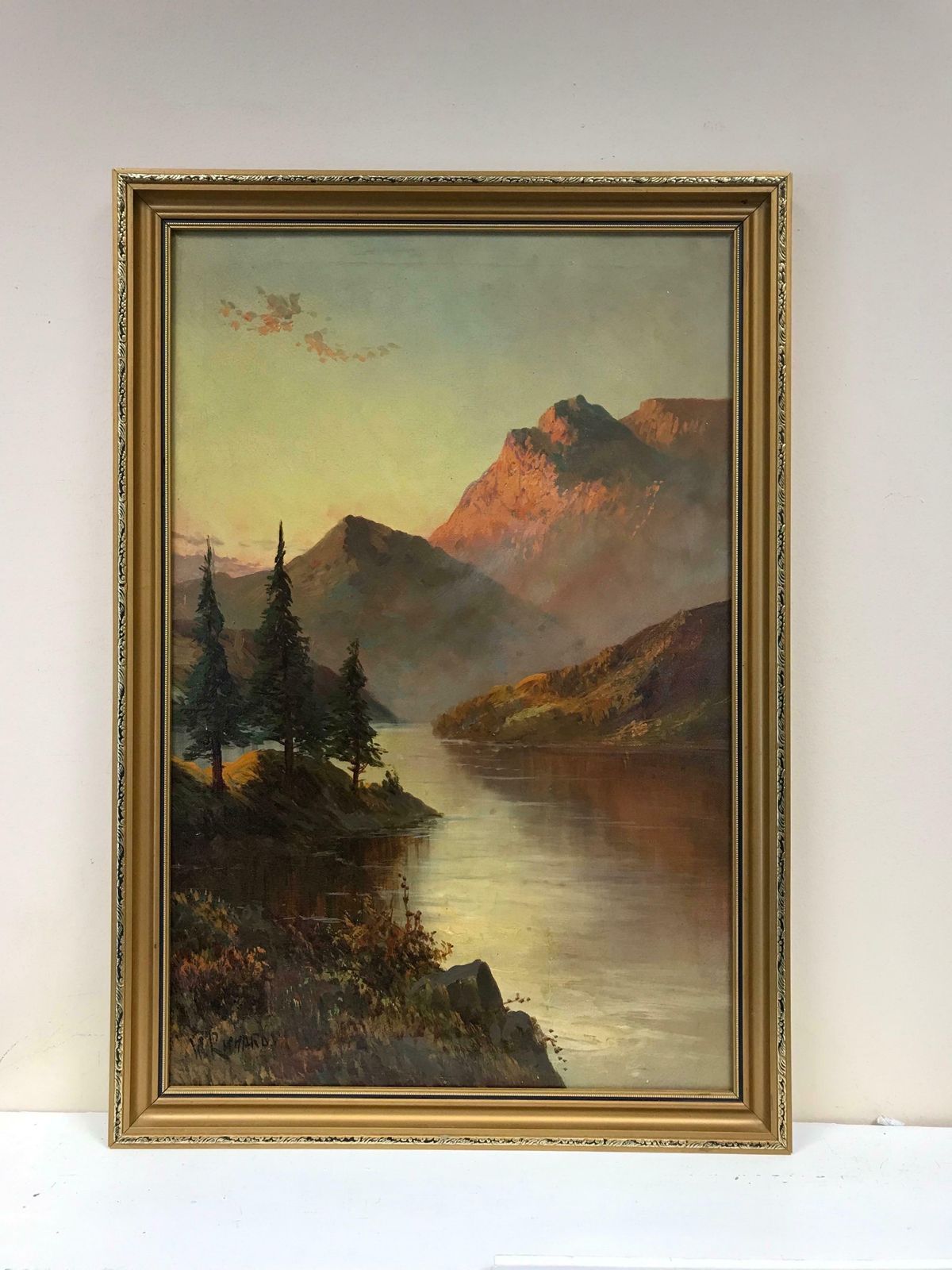 Francis E. Jamiesonscottish Highland Loch Scene At Sunset, Signed Antique Oil Painting photo furniture