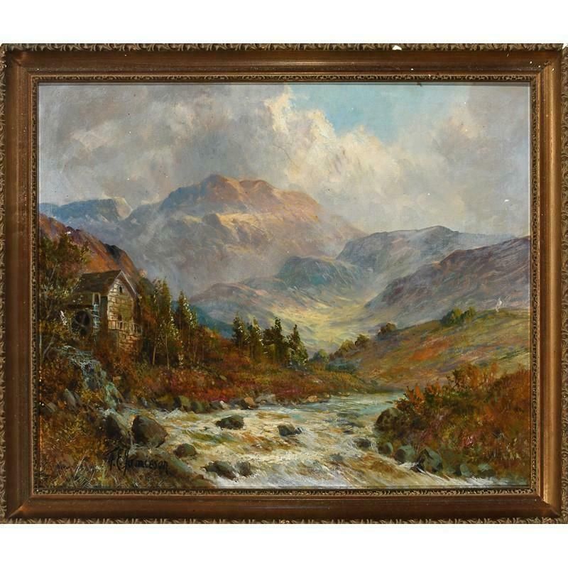 Francis E. Jamieson Scottish Highlands Mountainous River Landscape With A Watermill, Signed Oil photo furniture