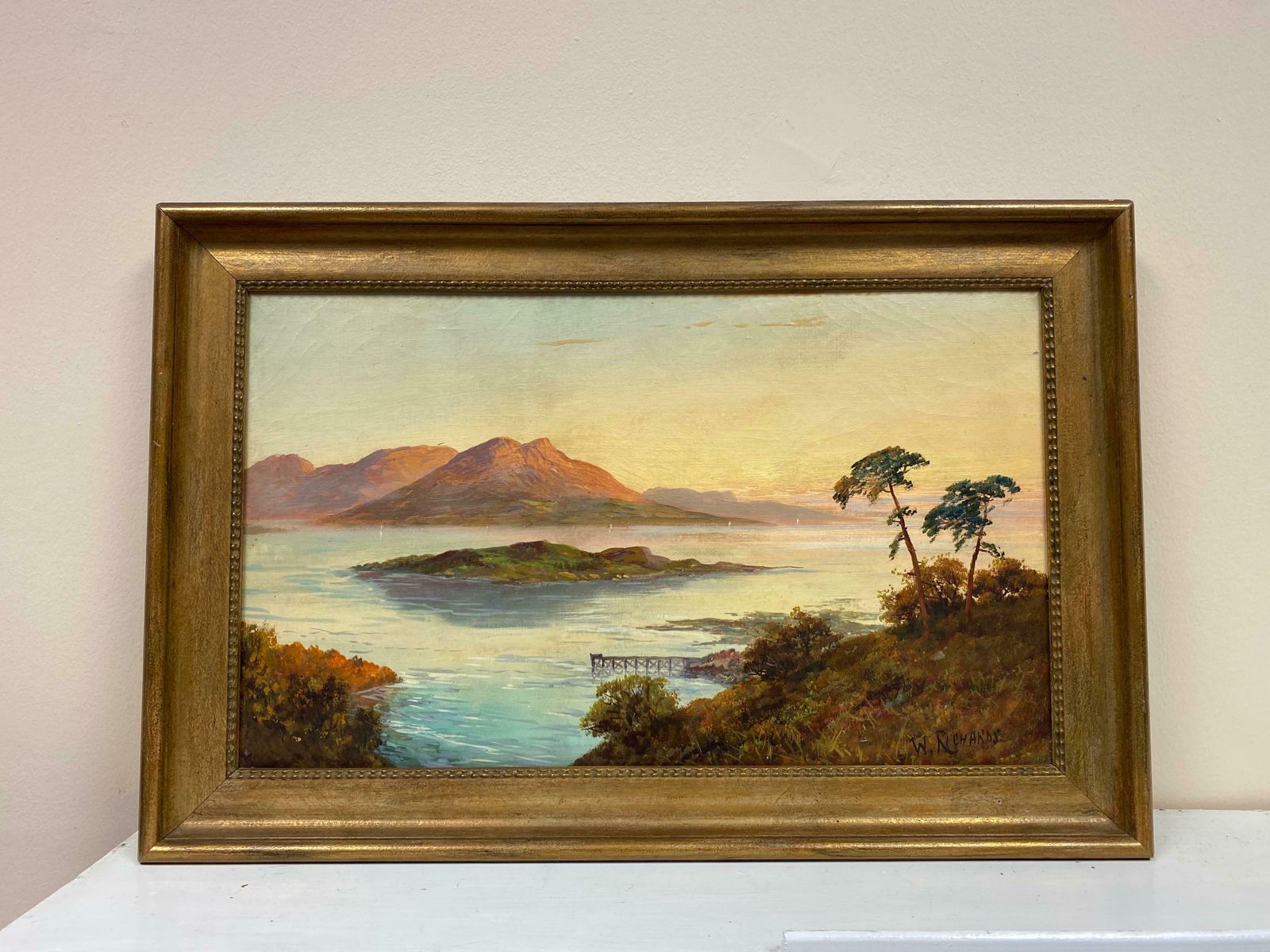 Francis E. Jamiesonantique Scottish Highlands Oil Painting Sunset Over Loch Lomond, Lussc.1930's photo furniture