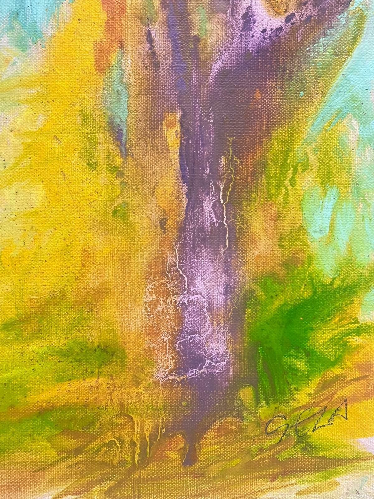 Geza Somerset Paddonpair Of Purple Trees In Colourful Wind Contemporary British Oil Painting Canvas photo furniture