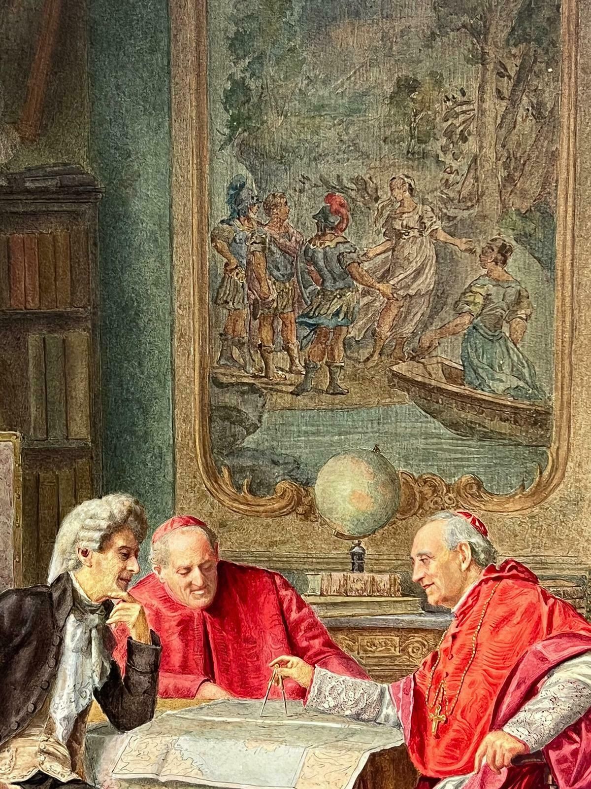 Italian Antiquecardinals & Explorer Discussing Maps Grand Elaborate Interior Antique Painting photo vinterior