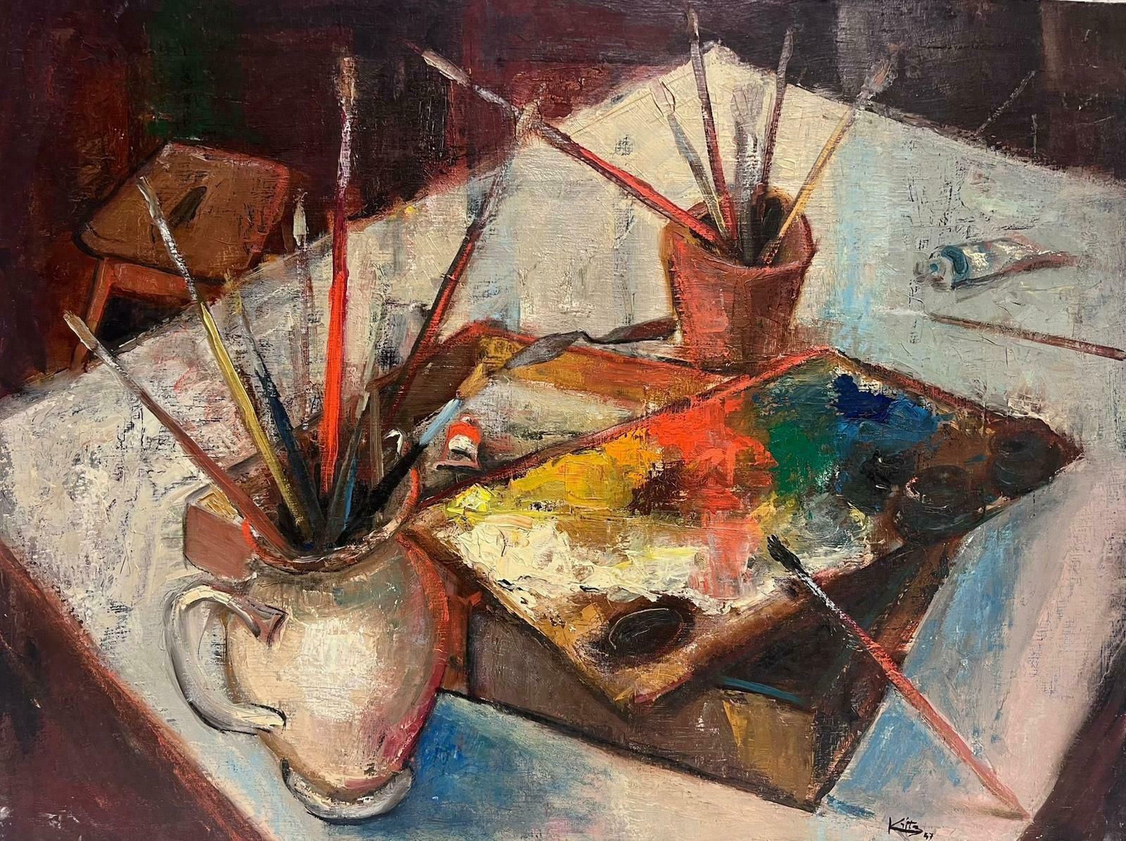 Michel Kritz1940's French Post Impressionist Signed Oil The Artists Studio Palette & Brushes1947
