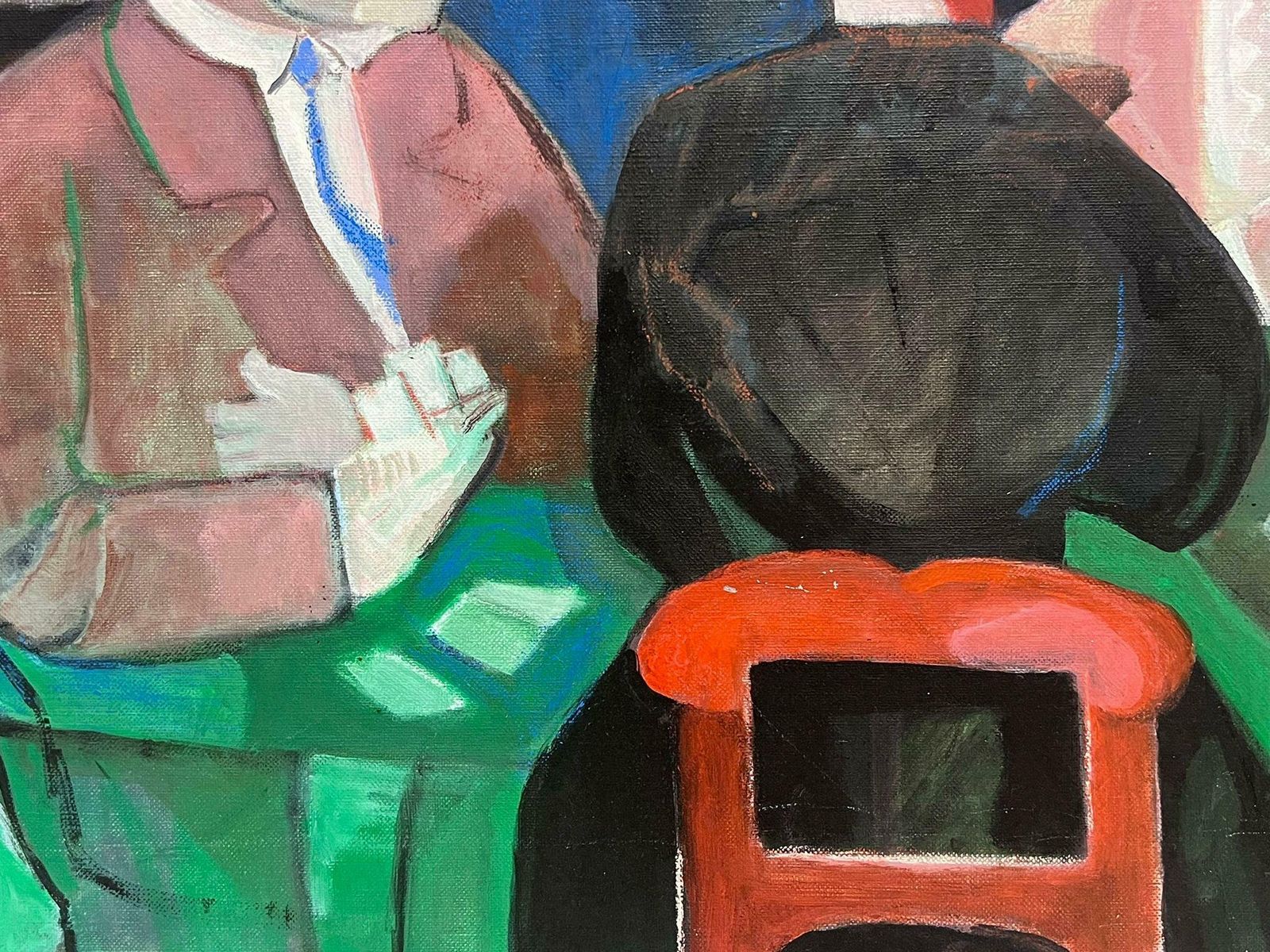 French Schoollarge 1970's French Modernist Oil Painting The Card Game Players Casino Interior photo for sale