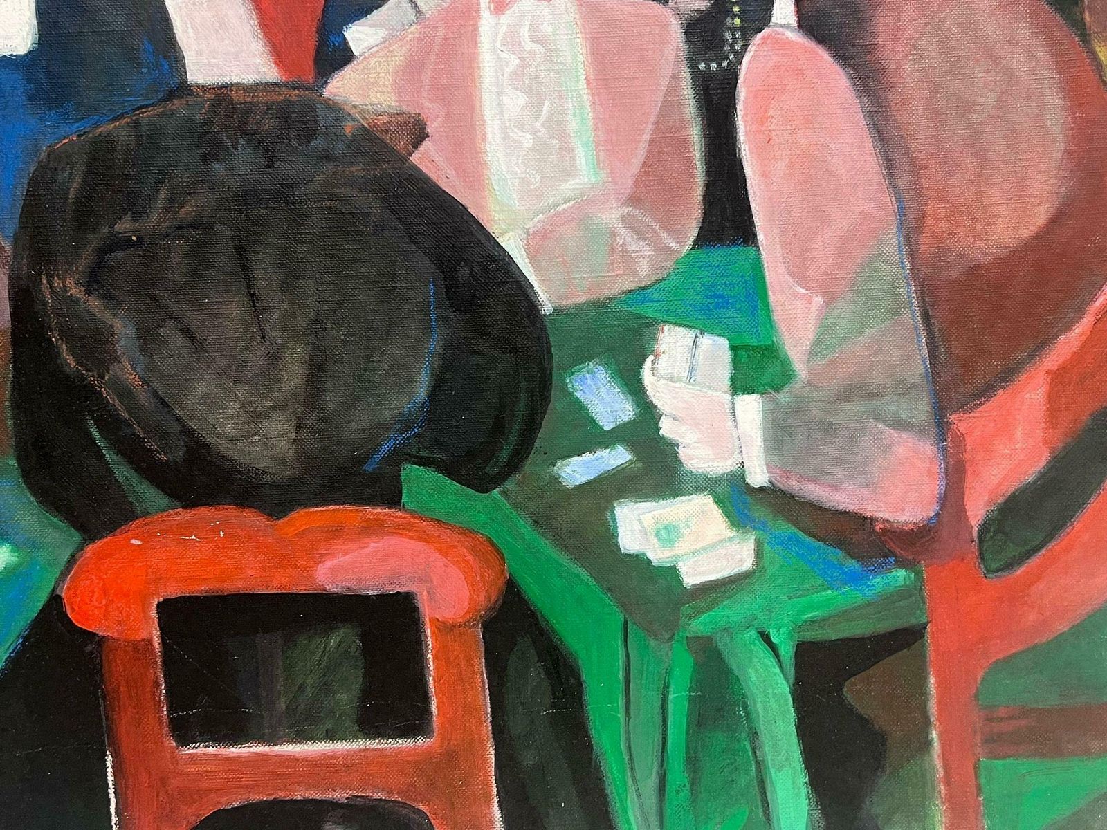 French Schoollarge 1970's French Modernist Oil Painting The Card Game Players Casino Interior photo Art