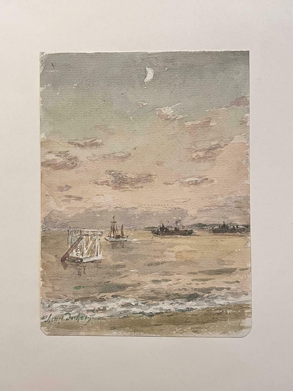 Henri Aime Duhemfine Antique French Impressionist Painting Diving Board Jetty Boats At Sea photo furniture