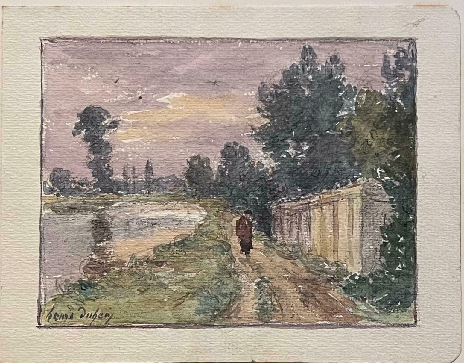 Henri Aime Duhemfine Antique French Impressionist Painting Lone Figure Walking By The River