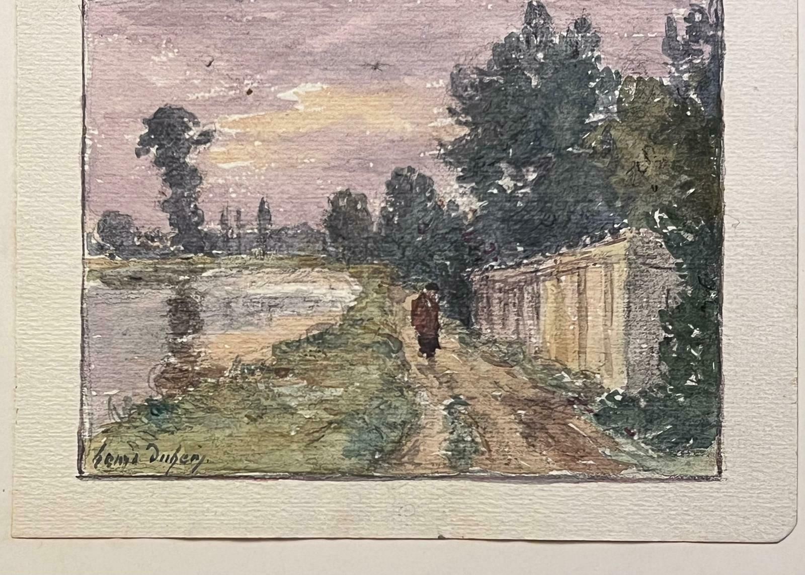 Henri Aime Duhemfine Antique French Impressionist Painting Lone Figure Walking By The River photo for sale
