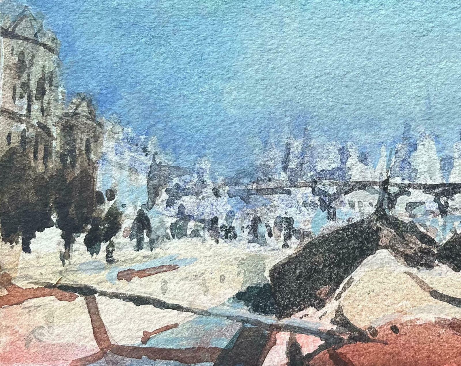 Maurice Mazeilieimpressionist Watercolor Parisian Riverbank With Notre Dame In The Distance20th Century photo for sale