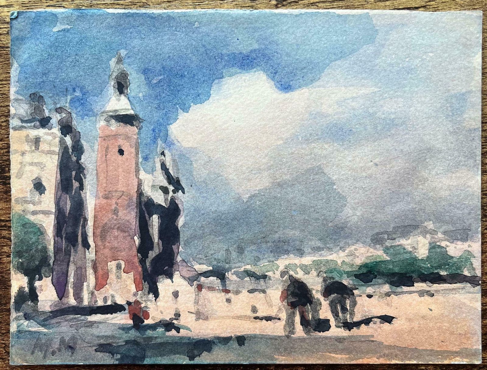 Maurice Mazeiliefrench Impressionist Watercolor Of Cityscape With Tower And Figures20th Century photo furniture