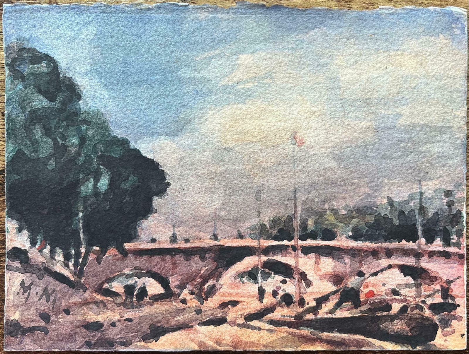 Maurice Mazeiliefrench Impressionist Watercolor Of Parisian Bridge Scene With Trees20th Century photo furniture