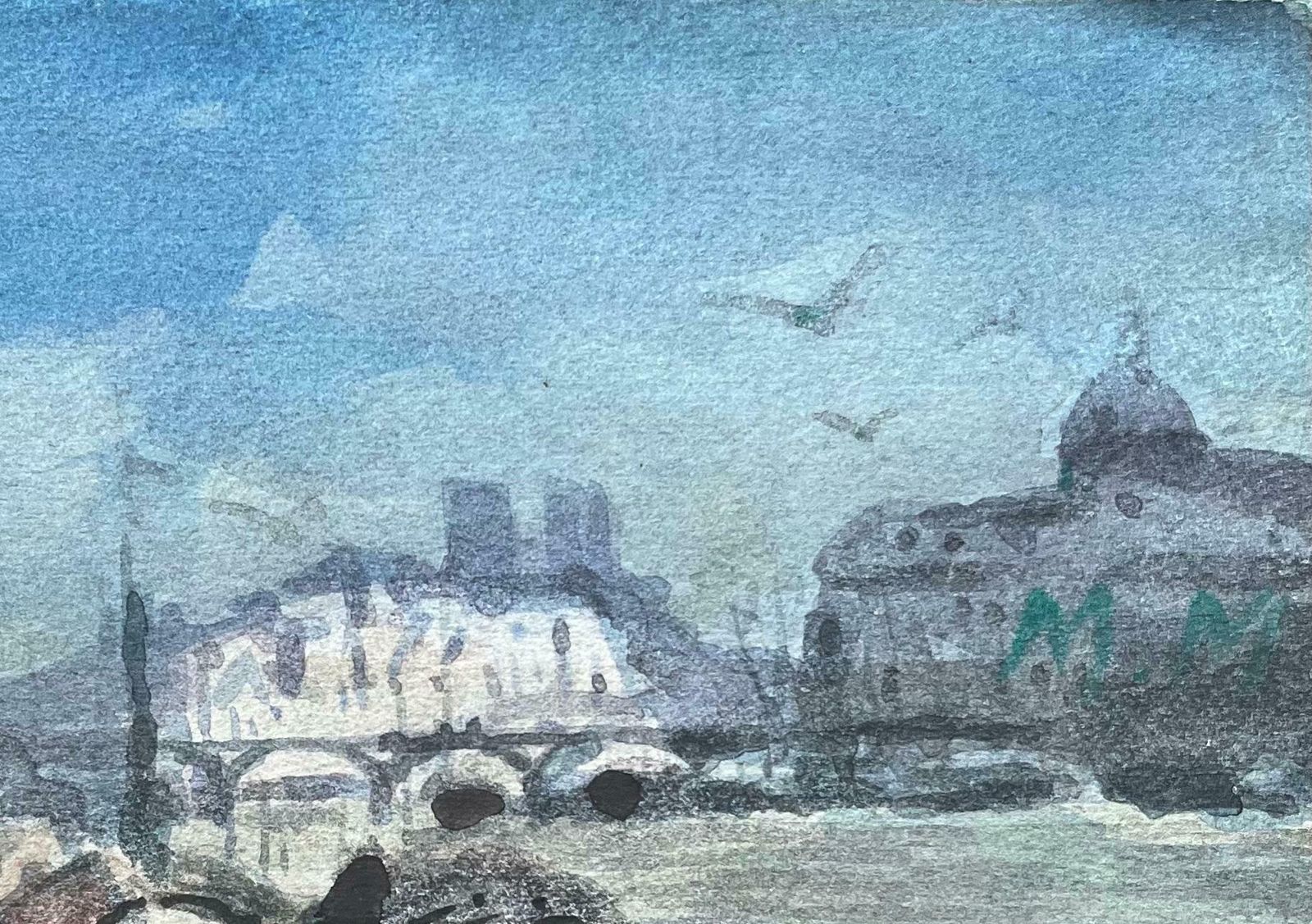 Maurice Mazeilieimpressionist Watercolor Of Parisian Riverside With Notre Dame In The Distance20th Century photo for sale