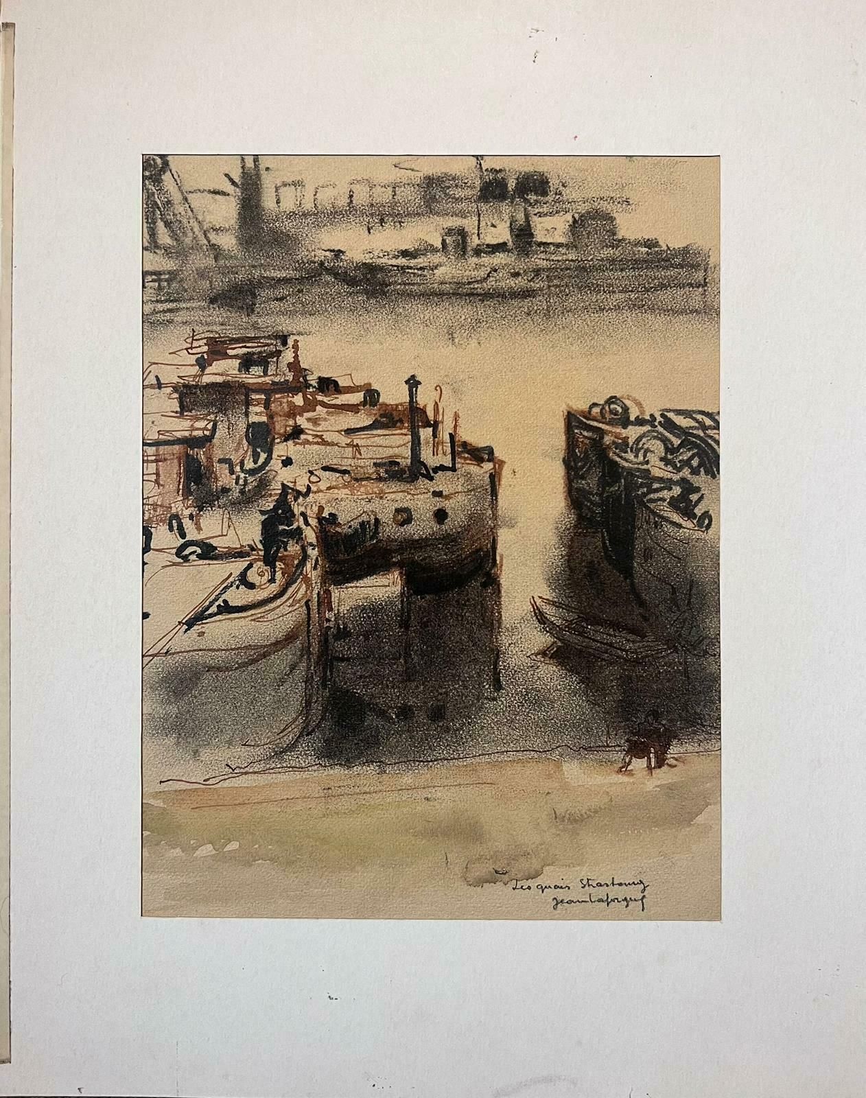 Jean Laforguemid 20th Century French Signed Painting Dark Boats At The Dock photo furniture