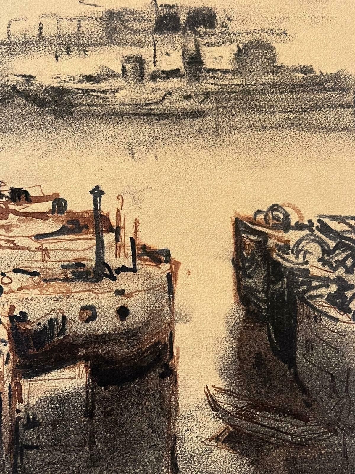 Jean Laforguemid 20th Century French Signed Painting Dark Boats At The Dock photo for sale