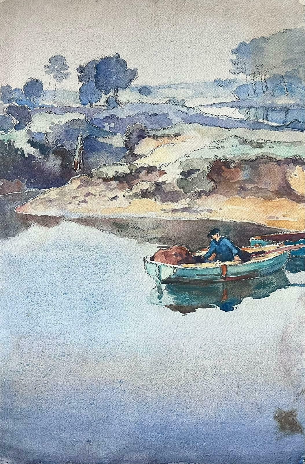 Jean Laforguemid 20th Century French Post Impressionist Painting Man Rowing On Empty Lake