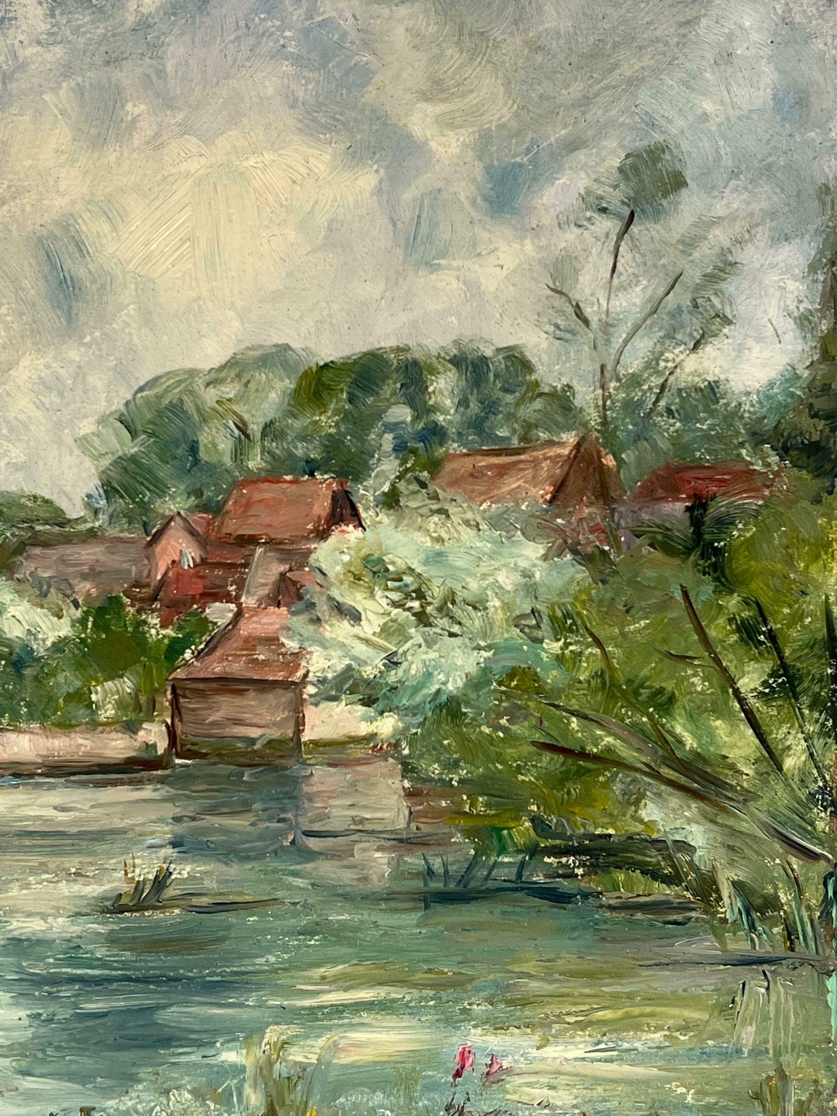 Simone Forgefrench Impressionist Riverside Village With Red Roofs And Verdant Foliage19th Century photo for sale