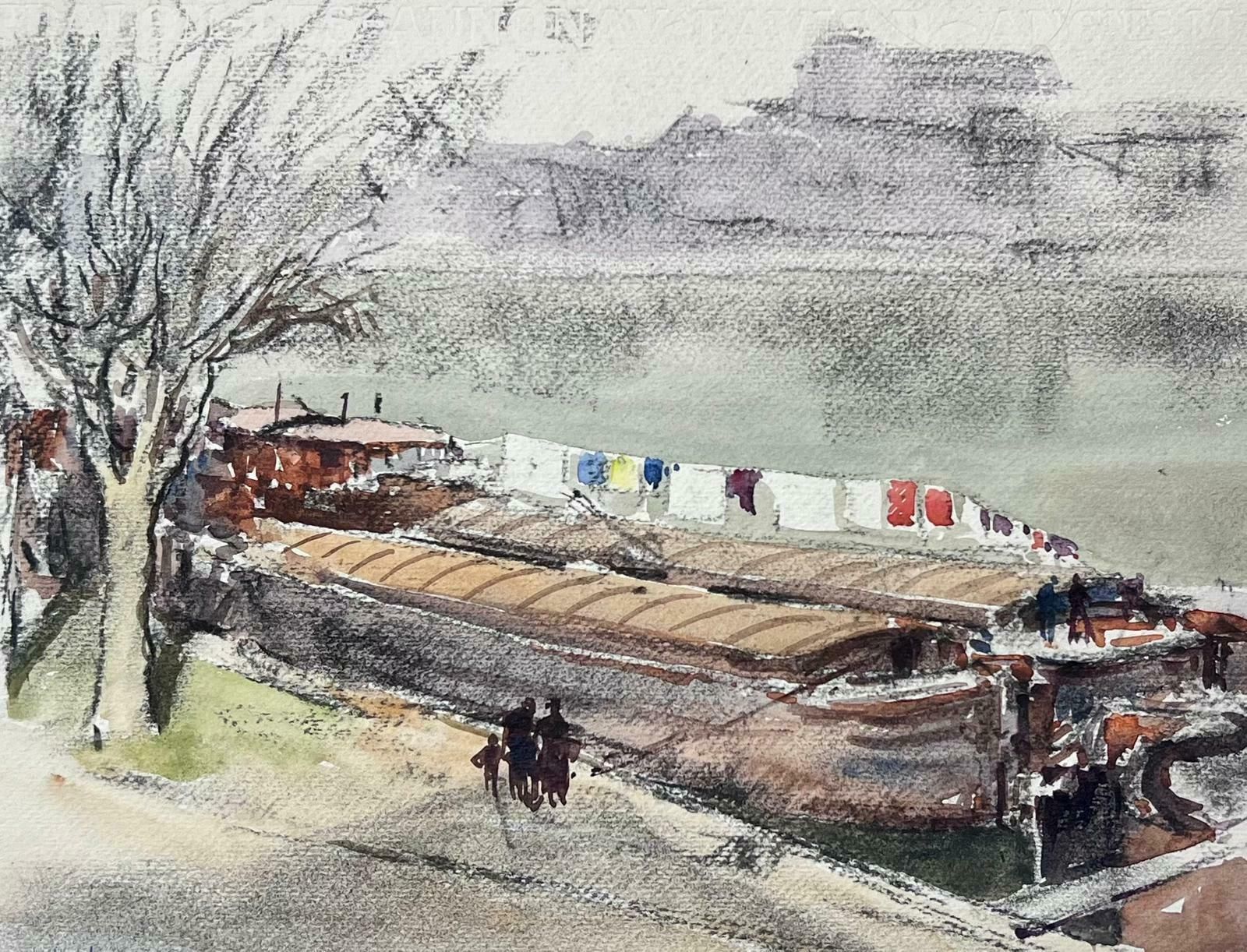 Jean Laforguemid 20th Century French Signed Painting Washing Line On A House River Boat