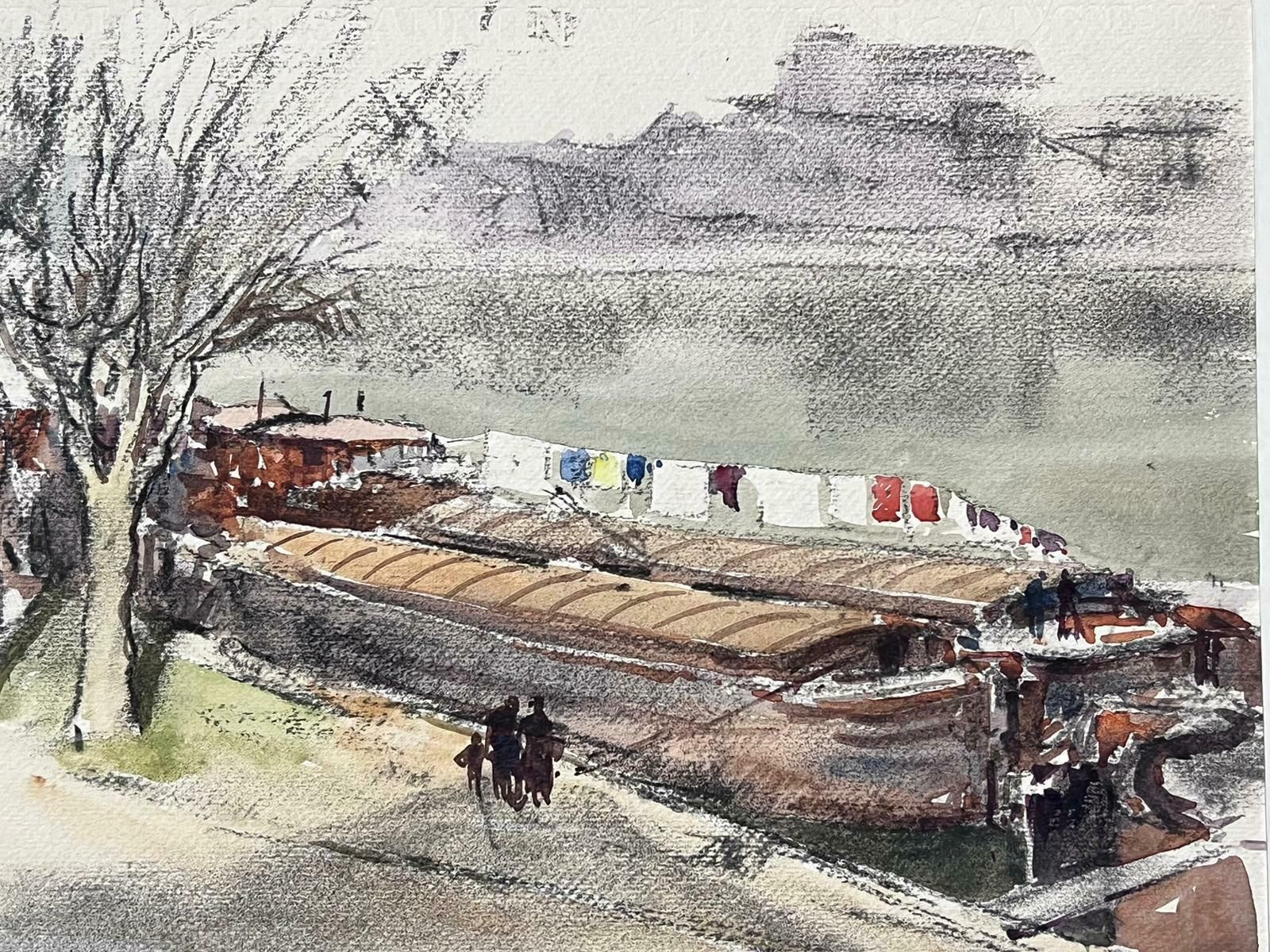 Jean Laforguemid 20th Century French Signed Painting Washing Line On A House River Boat photo for sale