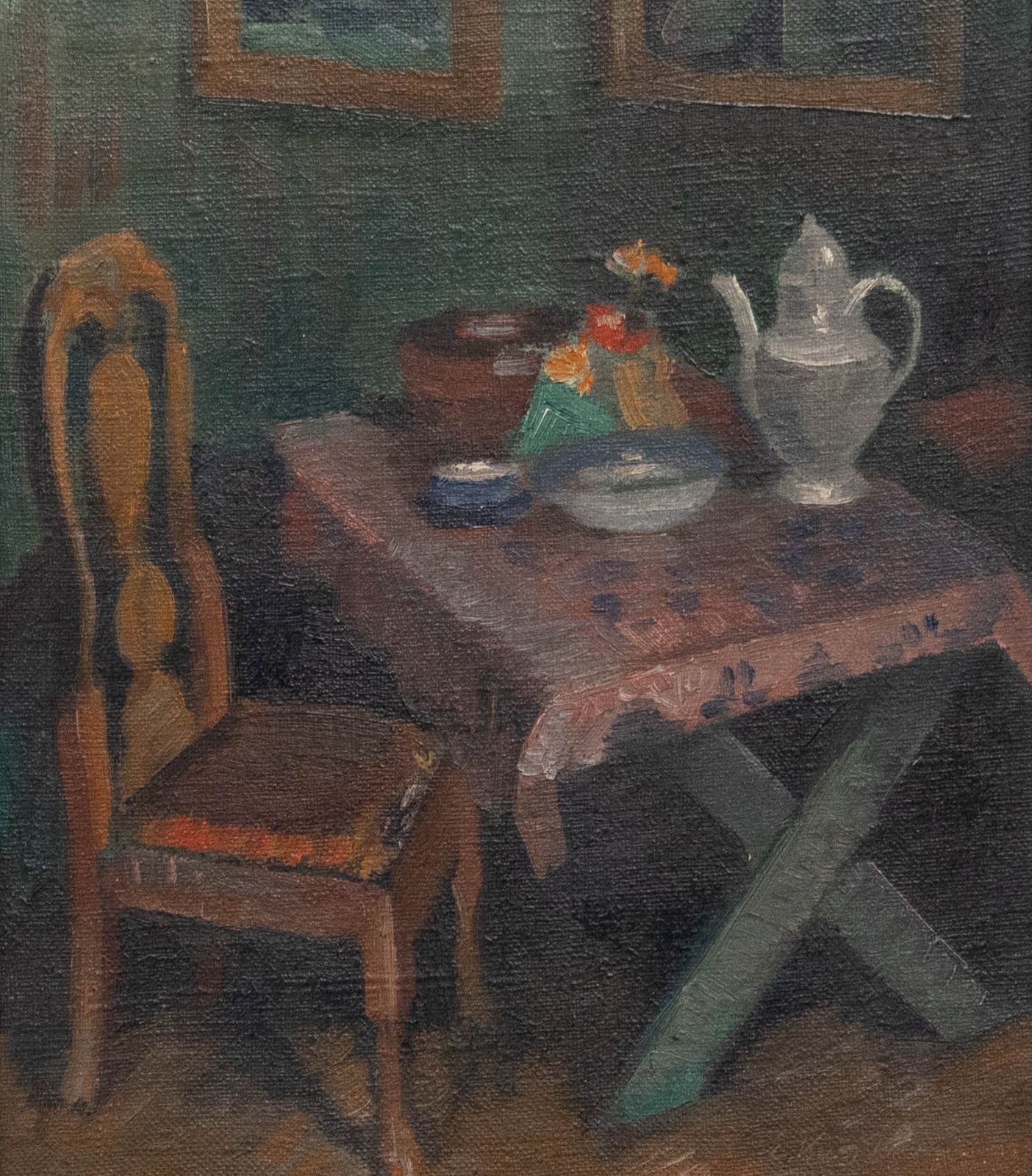 Elliot Kvalstad (1905 1938) 1932 Oil, Interior Scene, Flowers On A Table photo furniture