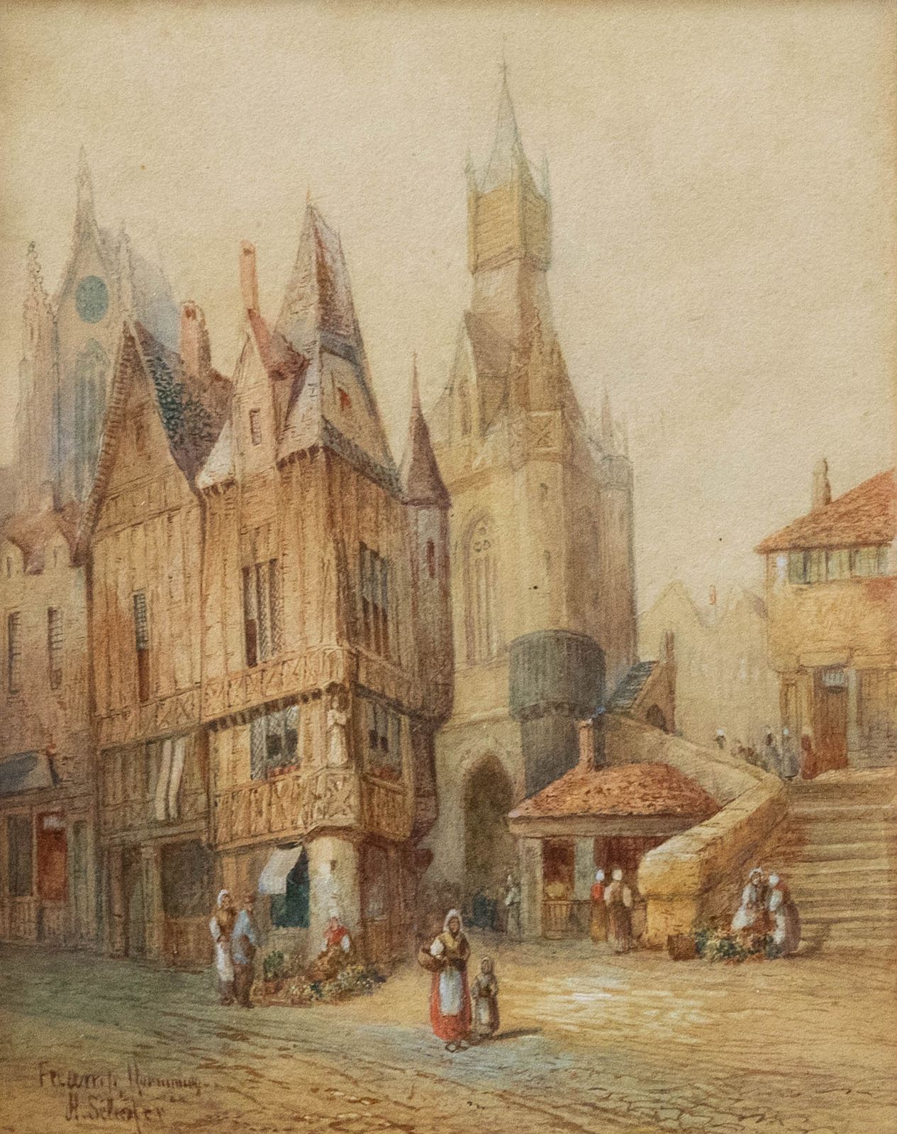 Henry Schafer (1833 1916) Mid 19th Century Watercolour, A Market In Normandy photo furniture