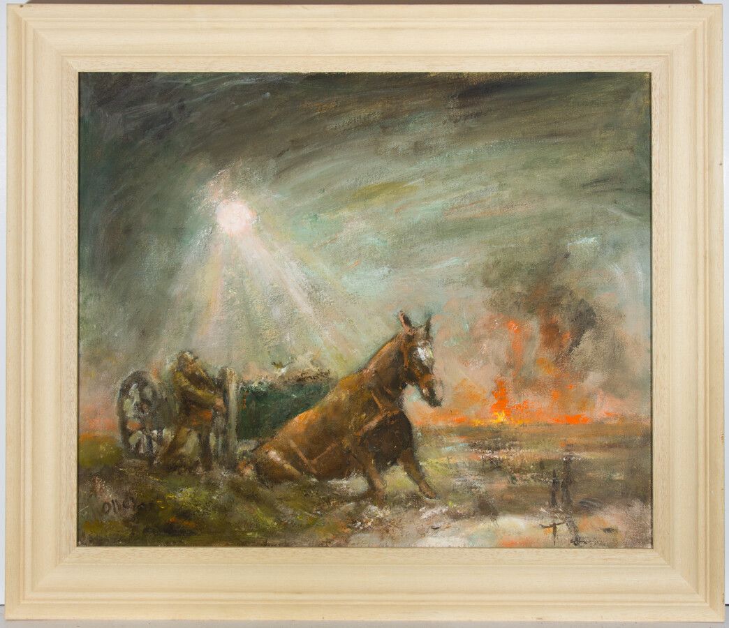 Ronald Olley (B.1923) Signed & Framed C. 2000 Oil, Horses Slain In Mud