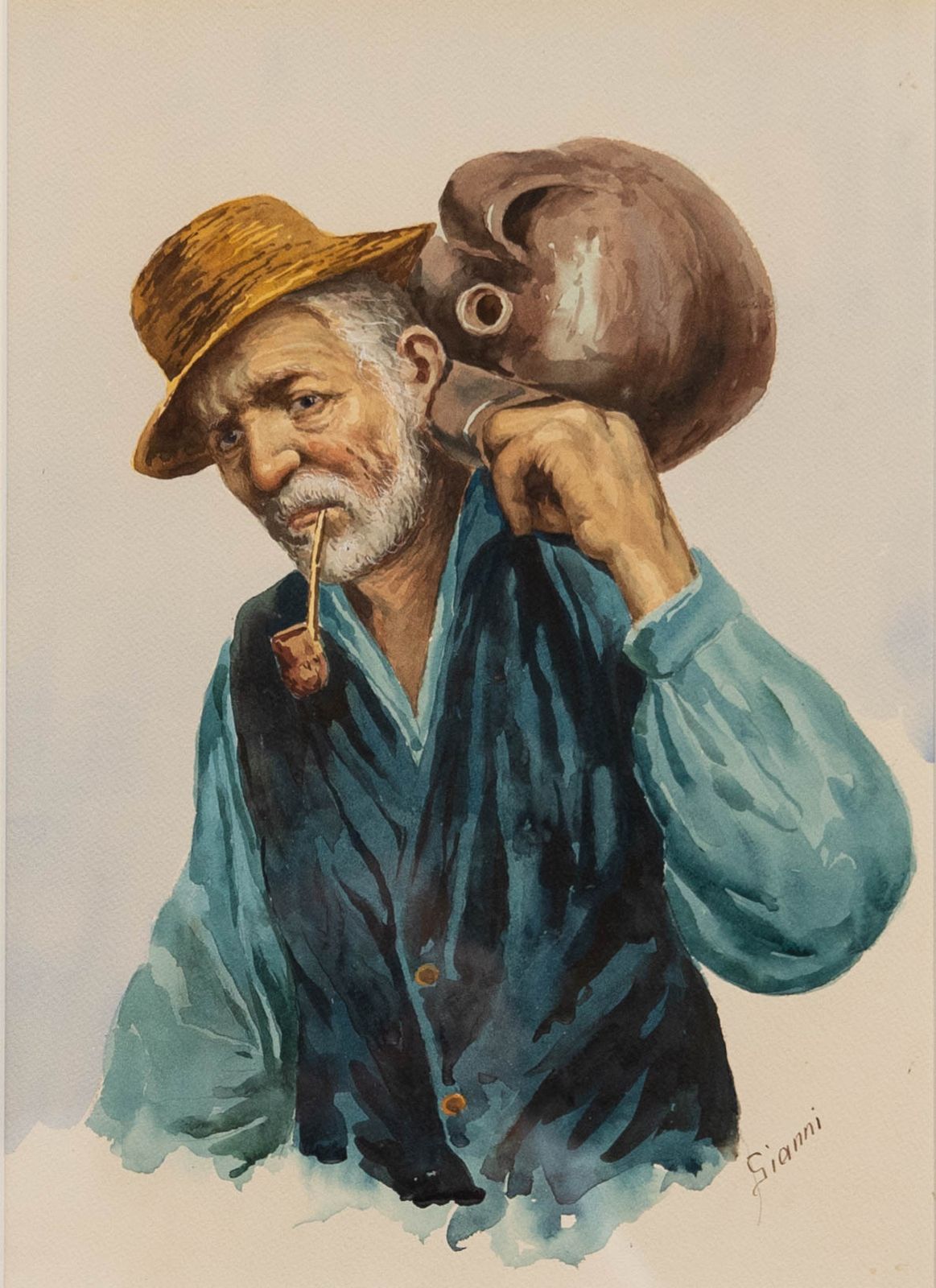 Gianni Italian School 20th Century Watercolour, Portrait Of A Man With Pipe photo furniture