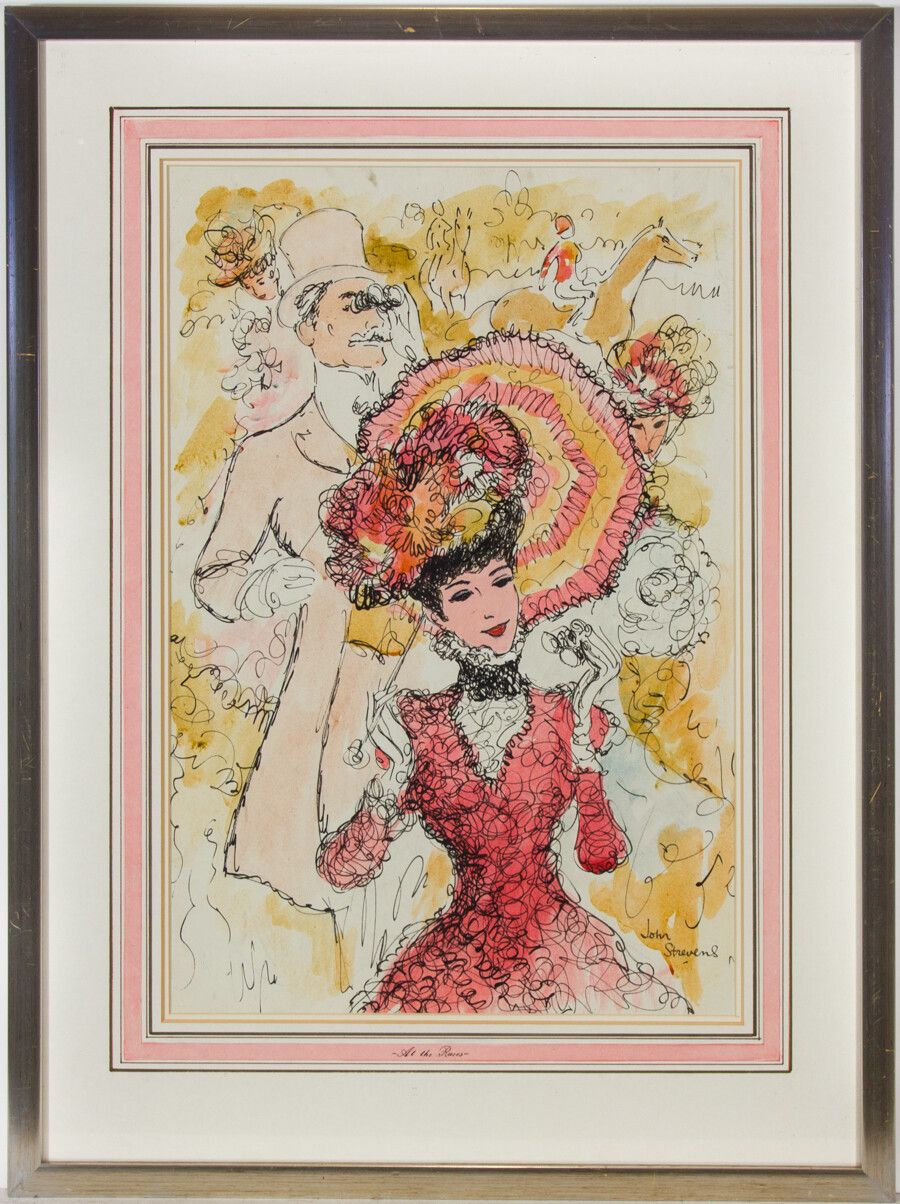 John Strevens (1902 1990) Mid 20th Century Pen And Ink Drawing, At The Races