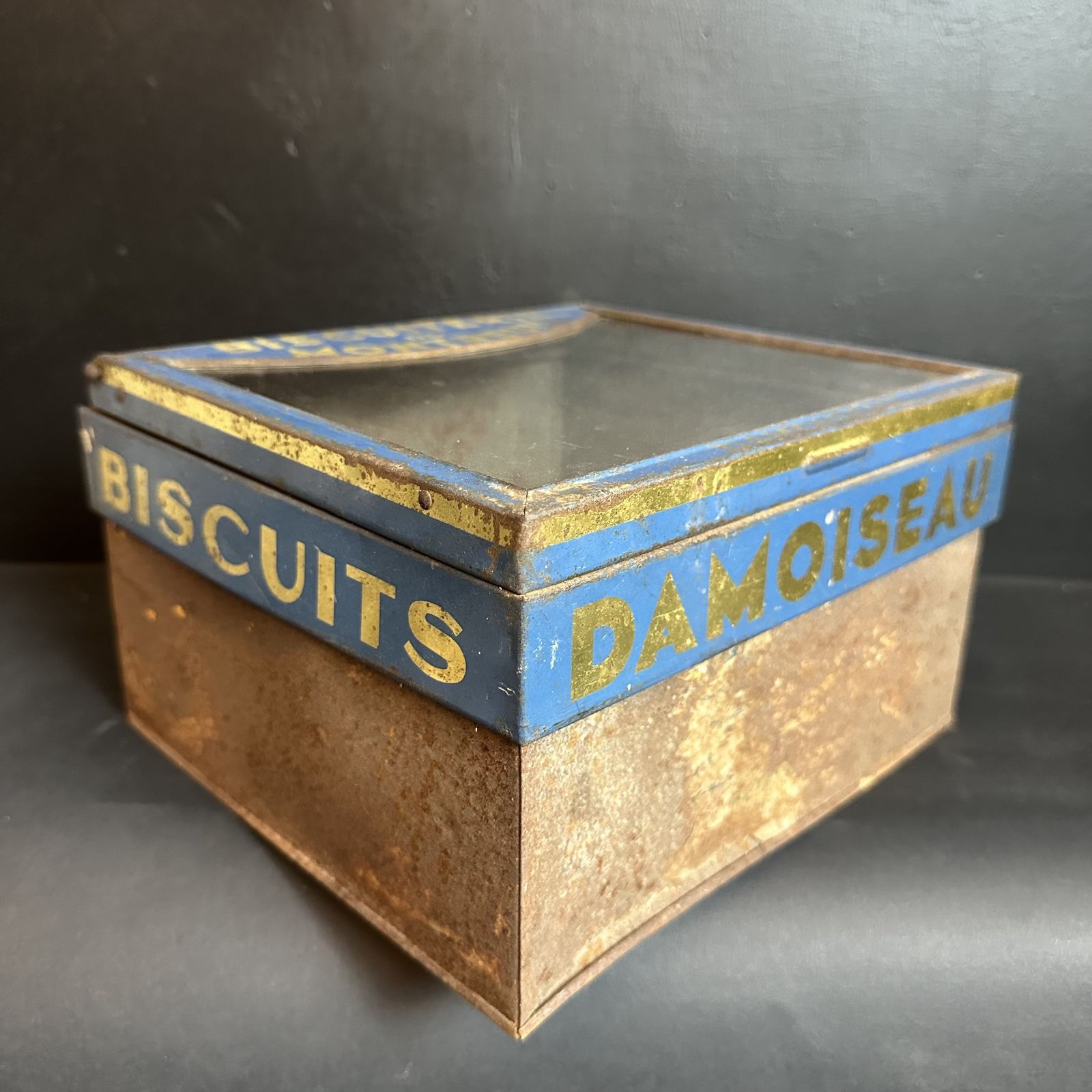 photo for sale “Damoisseau Montreau” Biscuit Shop Display Hinged Tin |French Antique|Original Glass
